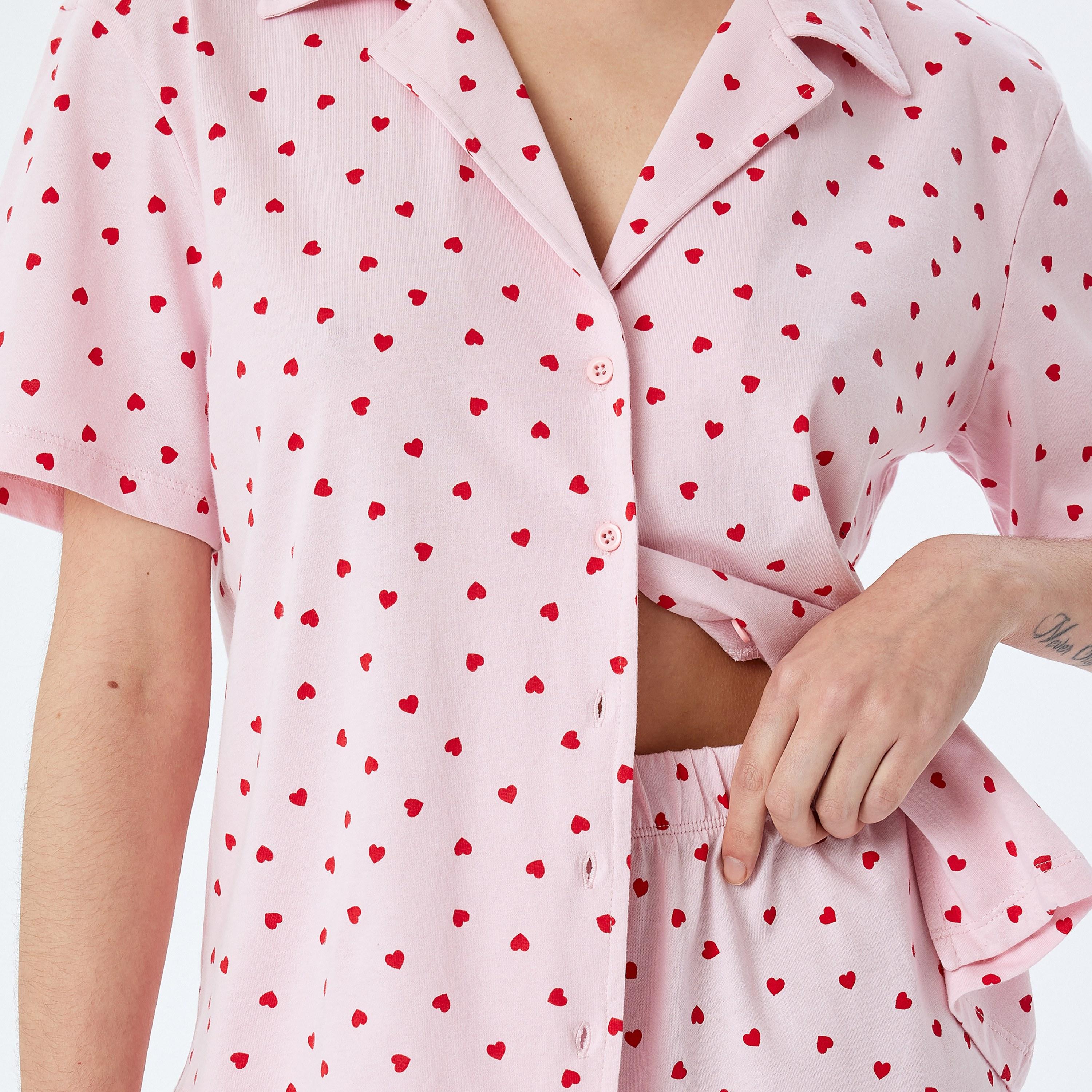 Koton Pink Heart Print Women's Shirt and Shorts Set-women-clothing-nightwear-pyjamas-shortsets-image-4