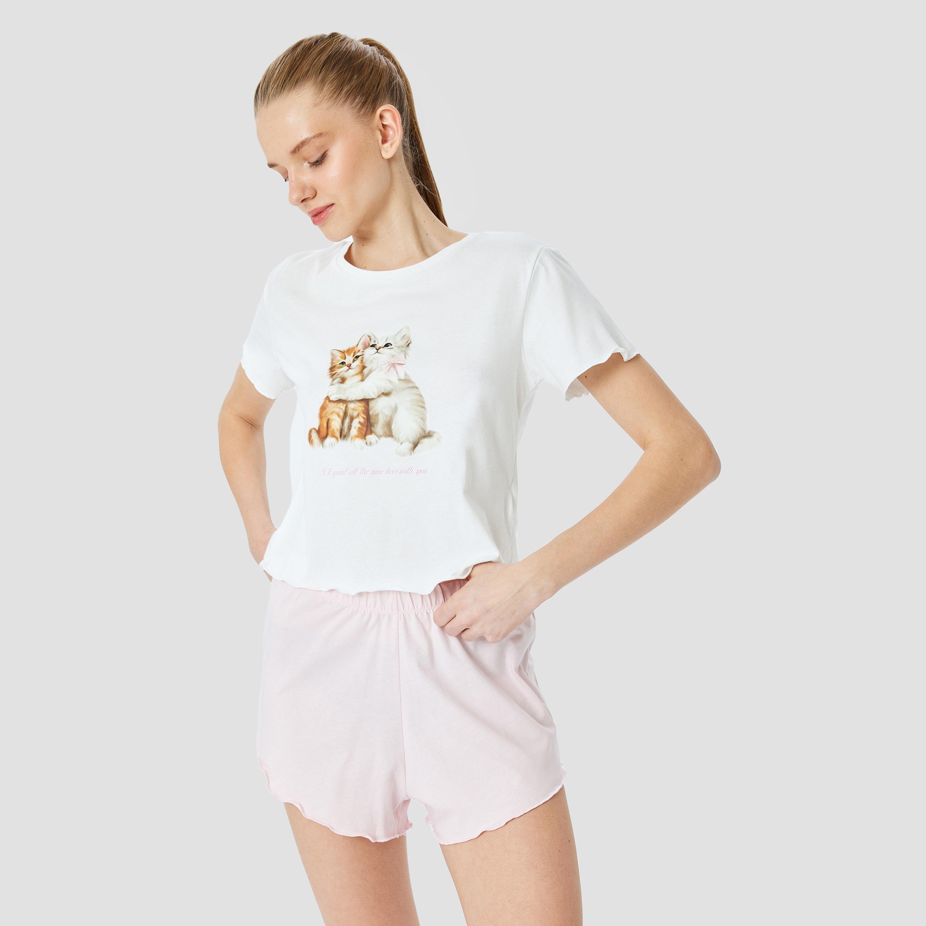 Koton White Graphic Kitten Print Women's T-Shirt and Shorts Set-women-clothing-nightwear-pyjamas-shortsets-image-1