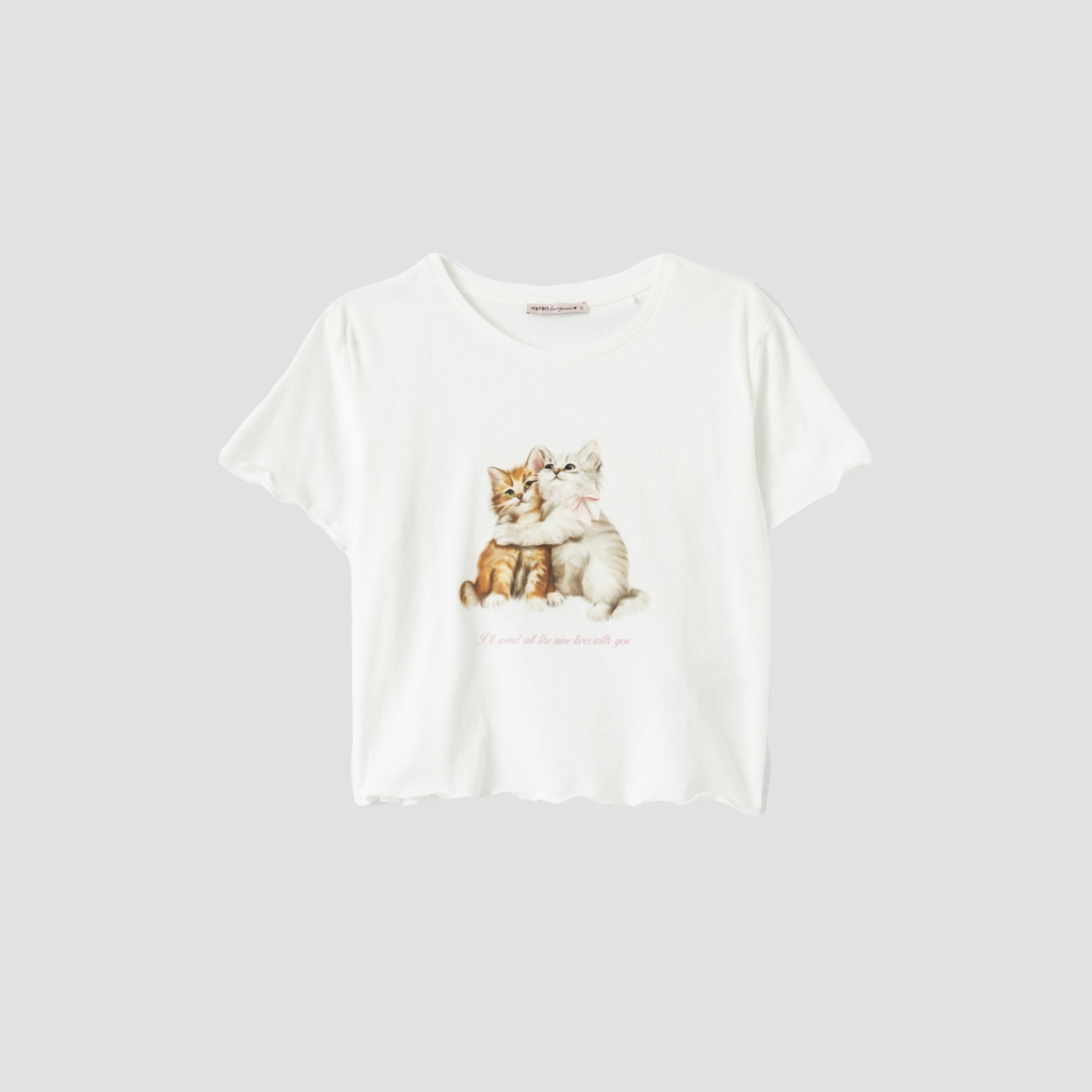 Koton White Graphic Kitten Print Women's T-Shirt and Shorts Set-women-clothing-nightwear-pyjamas-shortsets-image-2