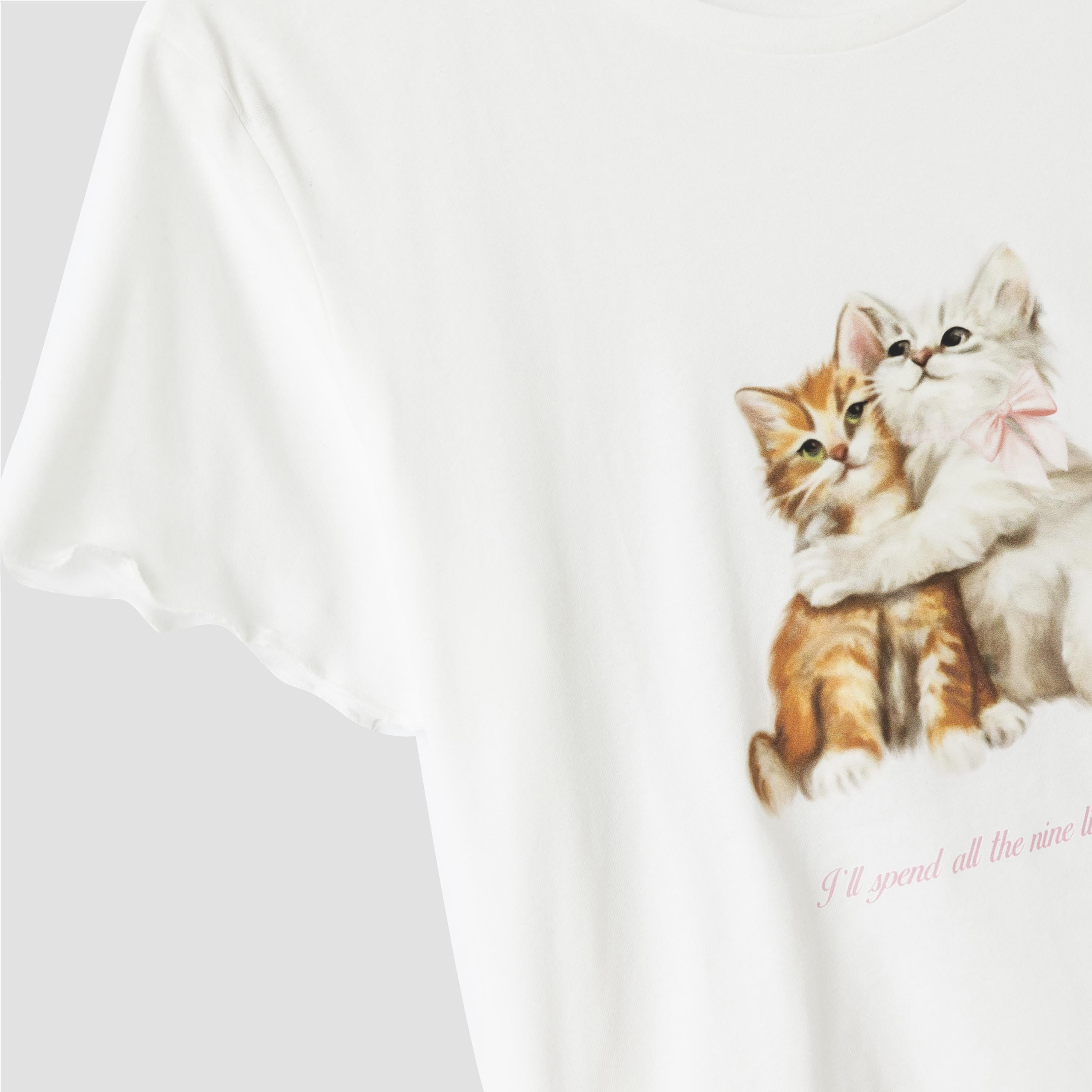 Koton White Graphic Kitten Print Women's T-Shirt and Shorts Set-women-clothing-nightwear-pyjamas-shortsets-image-4