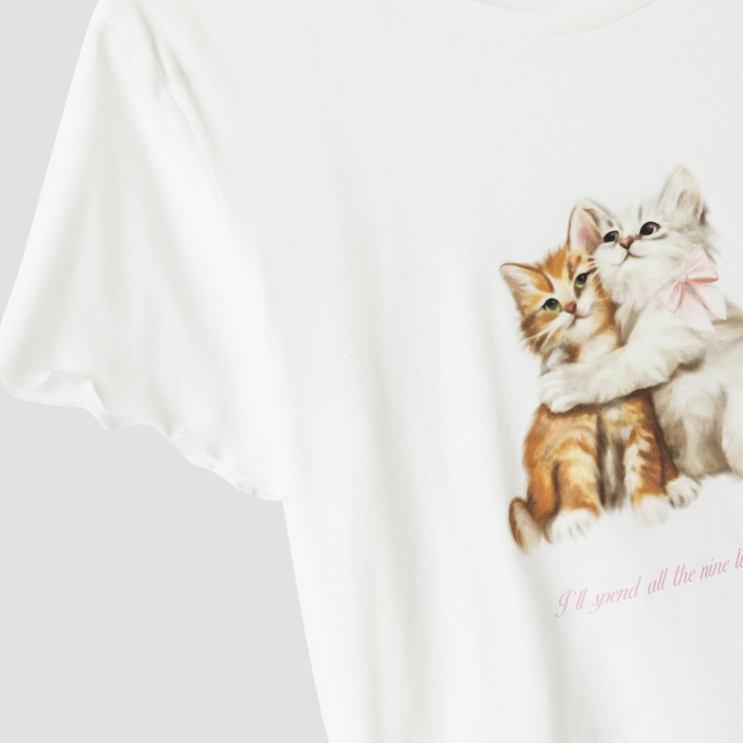 Koton White Graphic Kitten Print Women's T-Shirt and Shorts Set-women-clothing-nightwear-pyjamas-shortsets-image-5