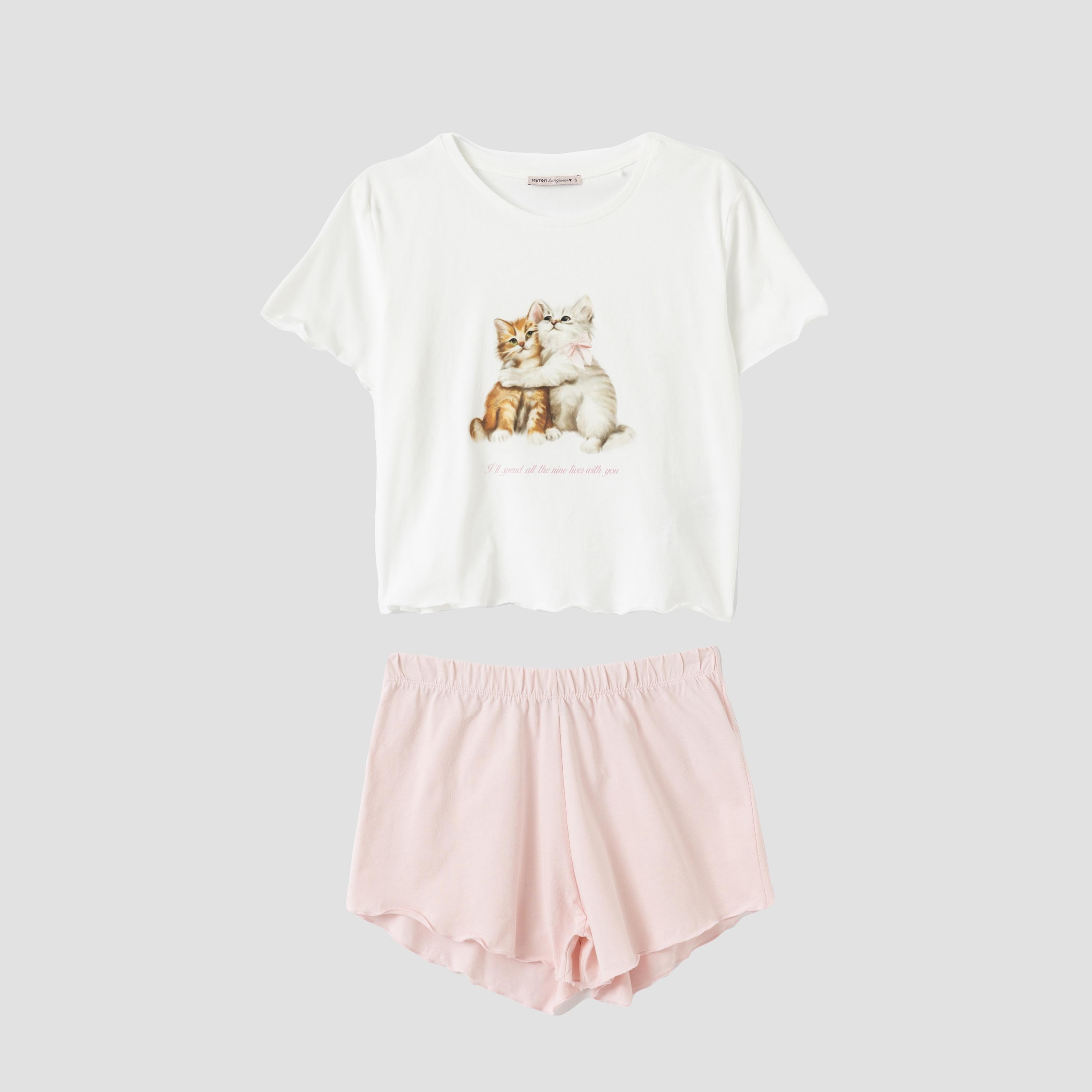 Koton White Graphic Kitten Print Women's T-Shirt and Shorts Set-women-clothing-nightwear-pyjamas-shortsets-image-7