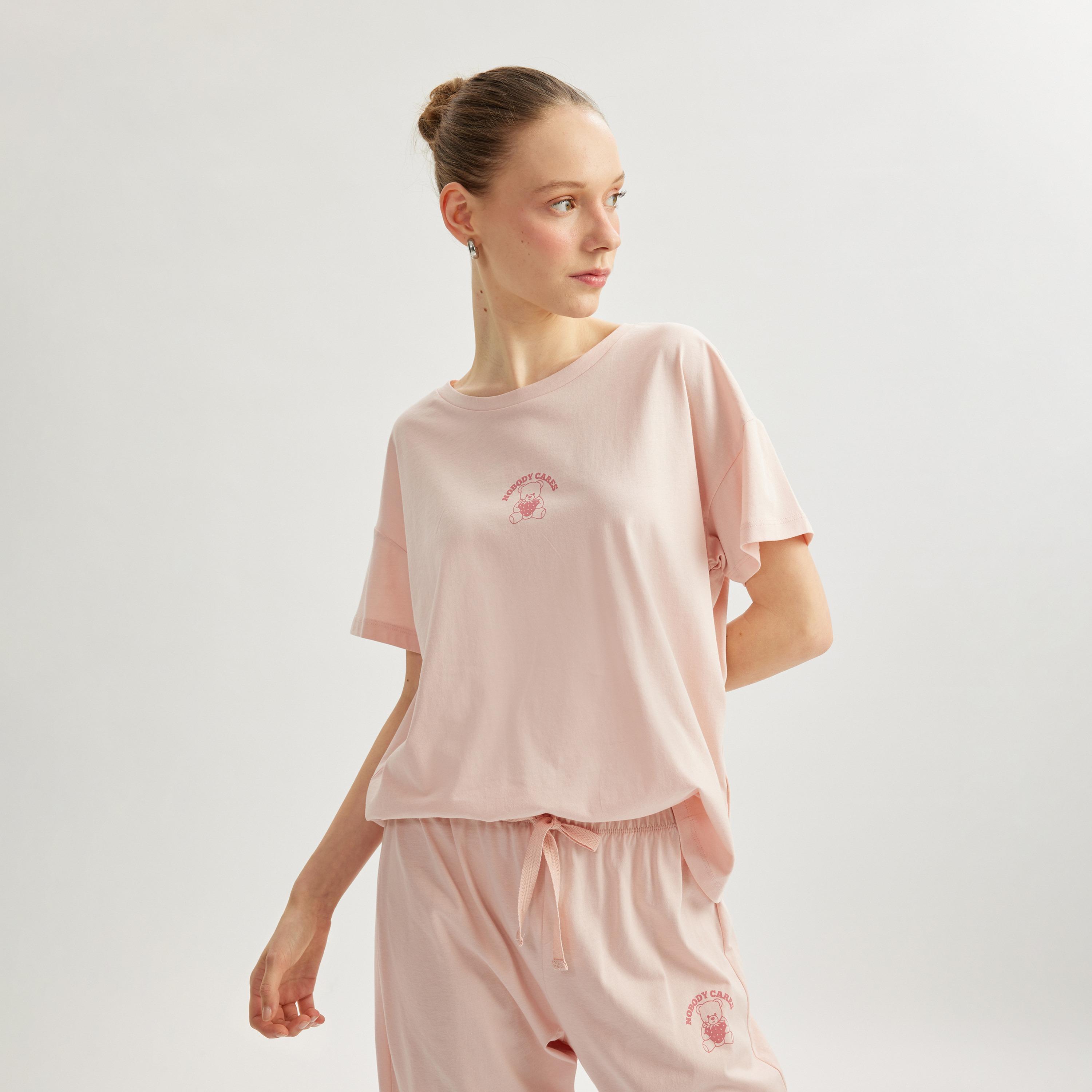 Koton Pink Plain Women's T-Shirt and Pyjama Set-women-clothing-nightwear-pyjamas-longsets-image-1