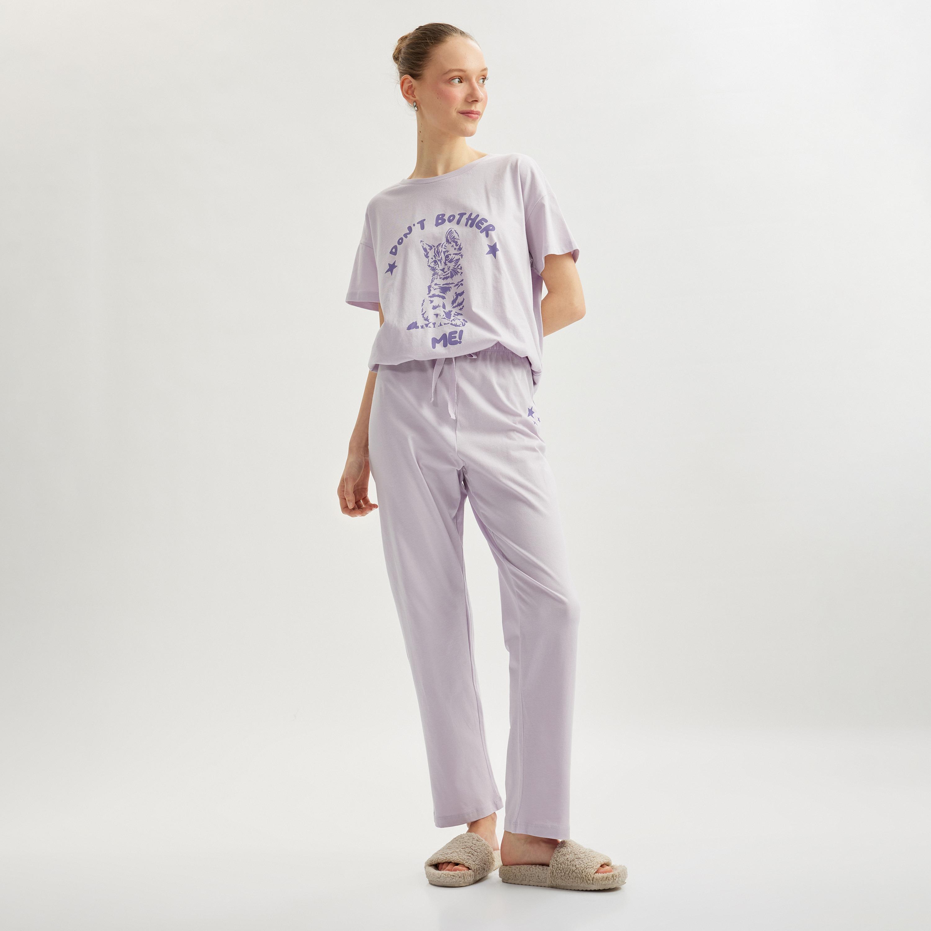 Koton Lilac Printed Women's T-Shirt and Pyjama Set-women-clothing-nightwear-pyjamas-longsets-image-1