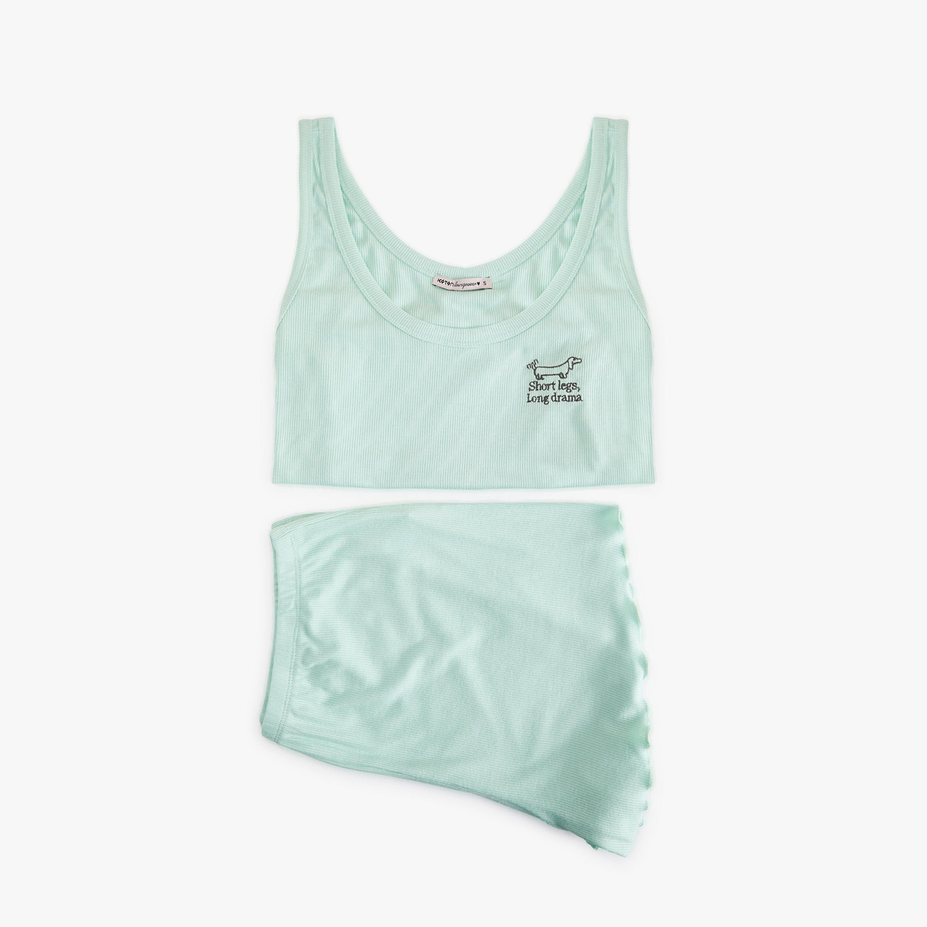 طقم توب تانك وشورت نسائي سادة بخصر مرتفع ومطاطي من كوتون-women-clothing-nightwear-pyjamas-shortsets-image-3