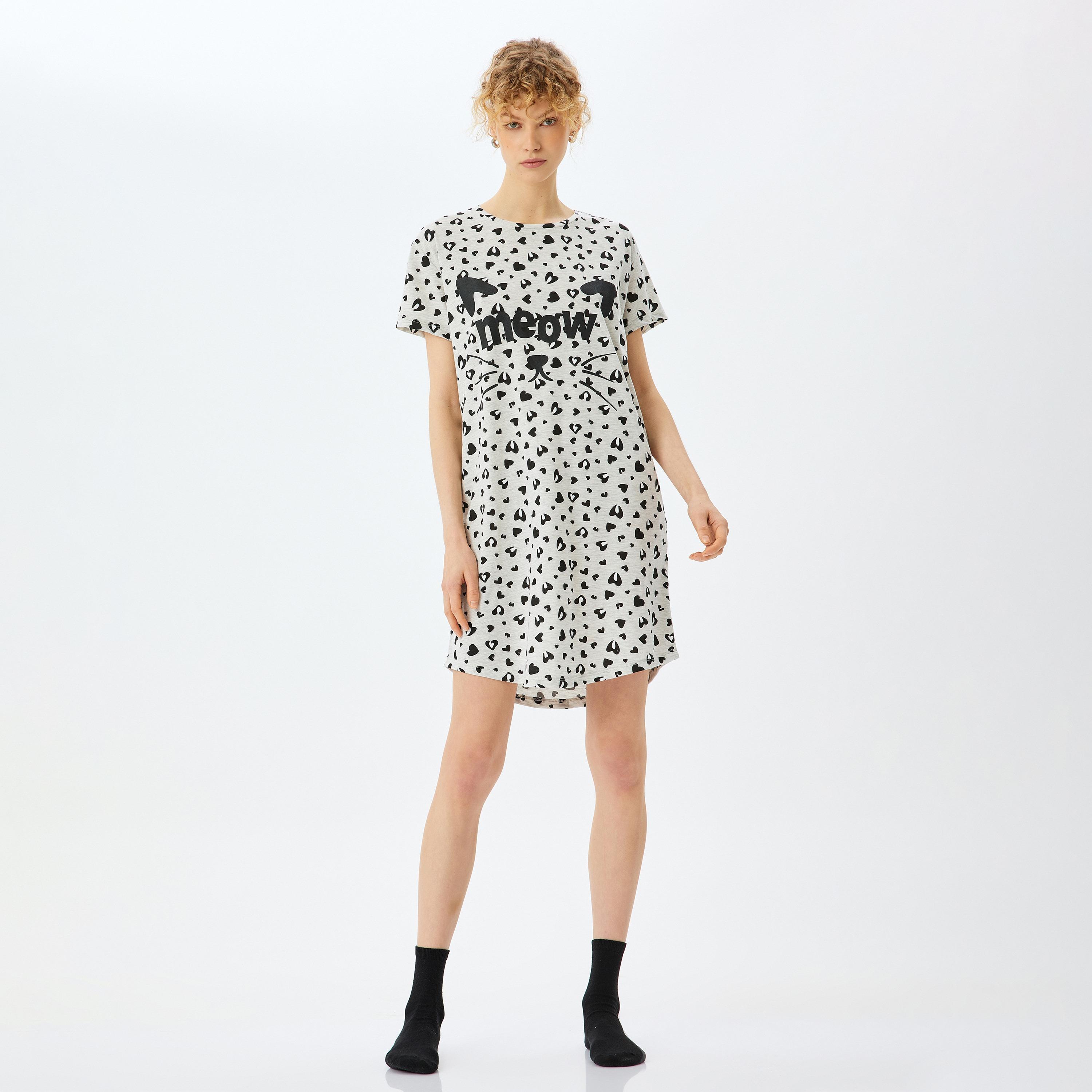 Koton Grey Printed Women's Night Dress-women-clothing-nightwear-nighties-image-1