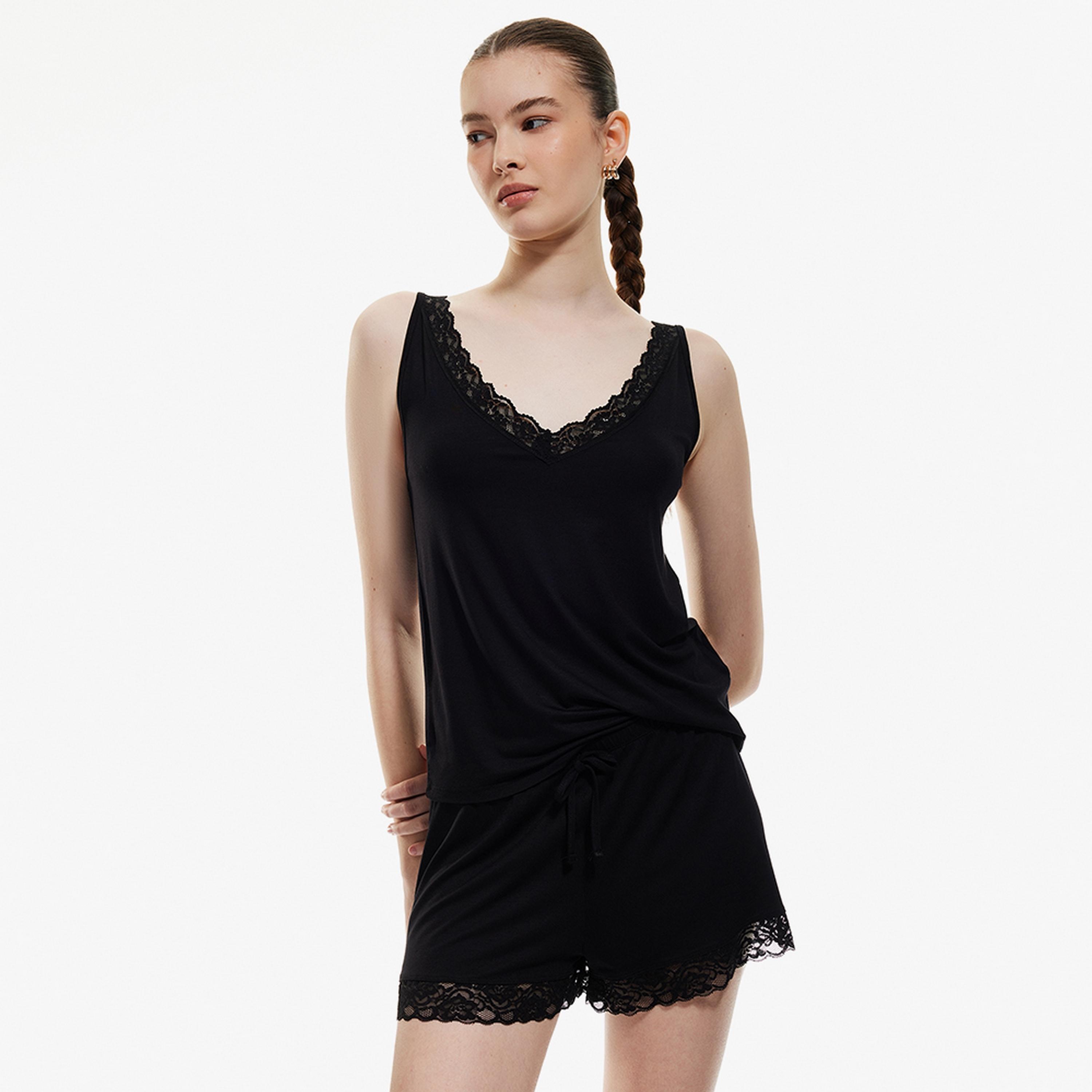 KOTON Black Lace Elasticated Women's Shorts-women-clothing-bottoms-shorts-image-1