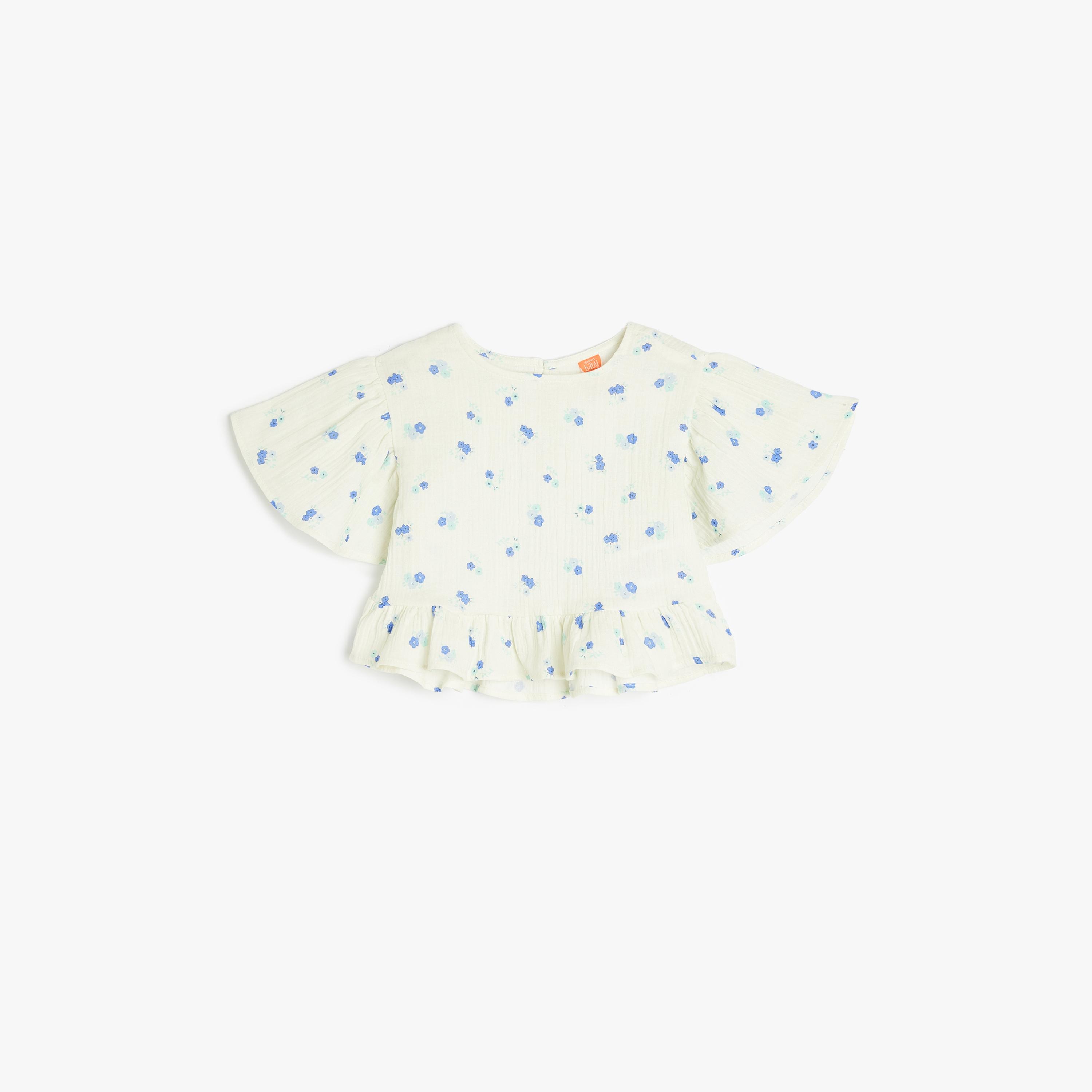 بلوزة بياقة دائرية وأكمام قصيرة، بنقشة زهور من كوتون-girls-clothing-blousesandshirts-image-1