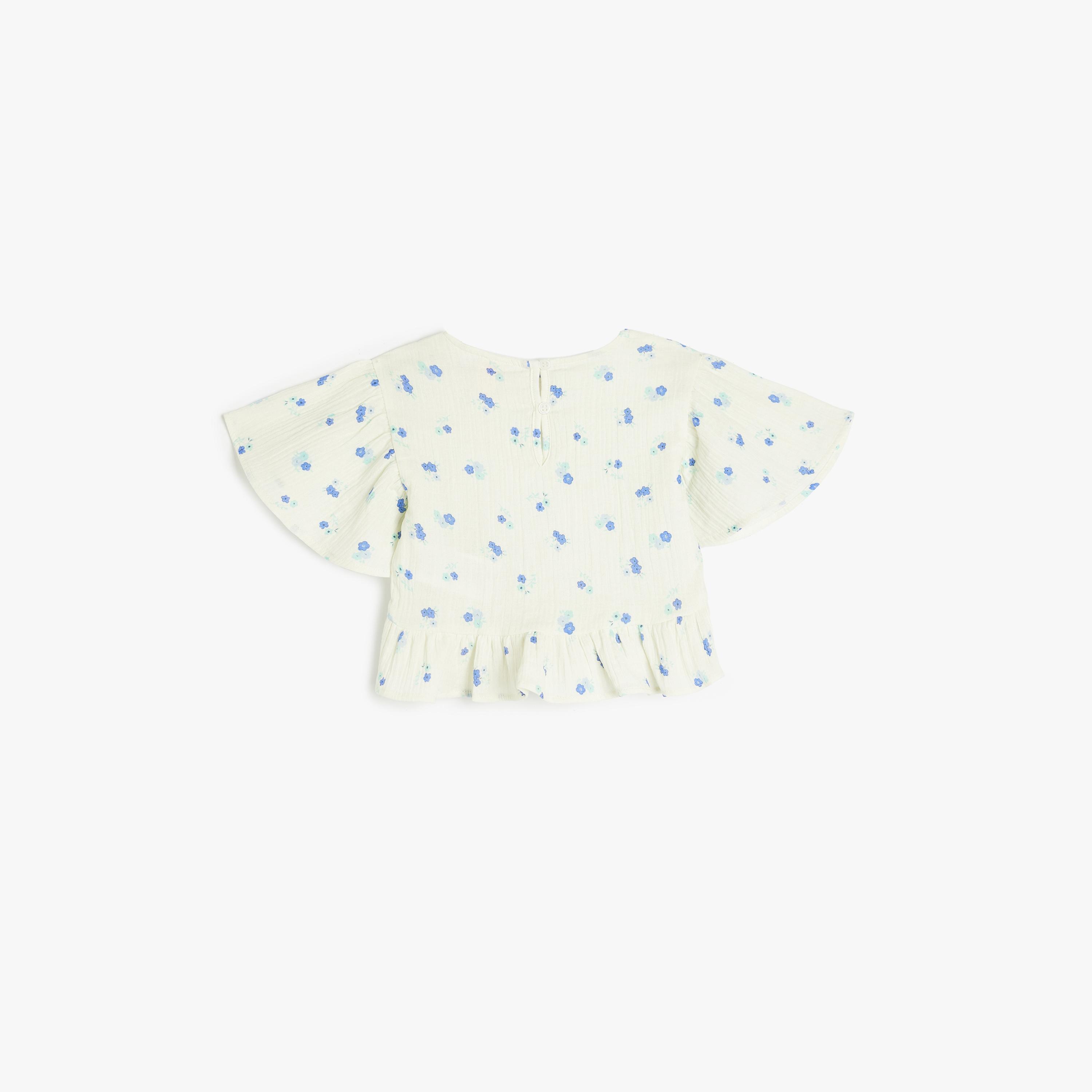 بلوزة بياقة دائرية وأكمام قصيرة، بنقشة زهور من كوتون-girls-clothing-blousesandshirts-image-2
