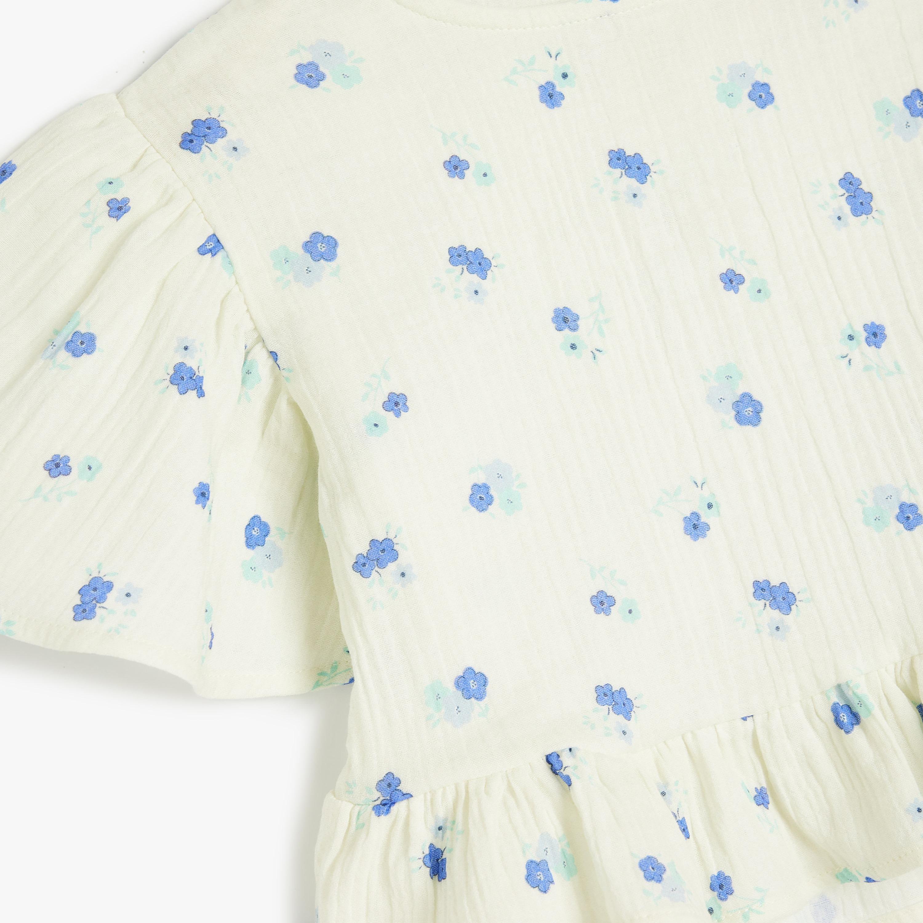 بلوزة بياقة دائرية وأكمام قصيرة، بنقشة زهور من كوتون-girls-clothing-blousesandshirts-image-3