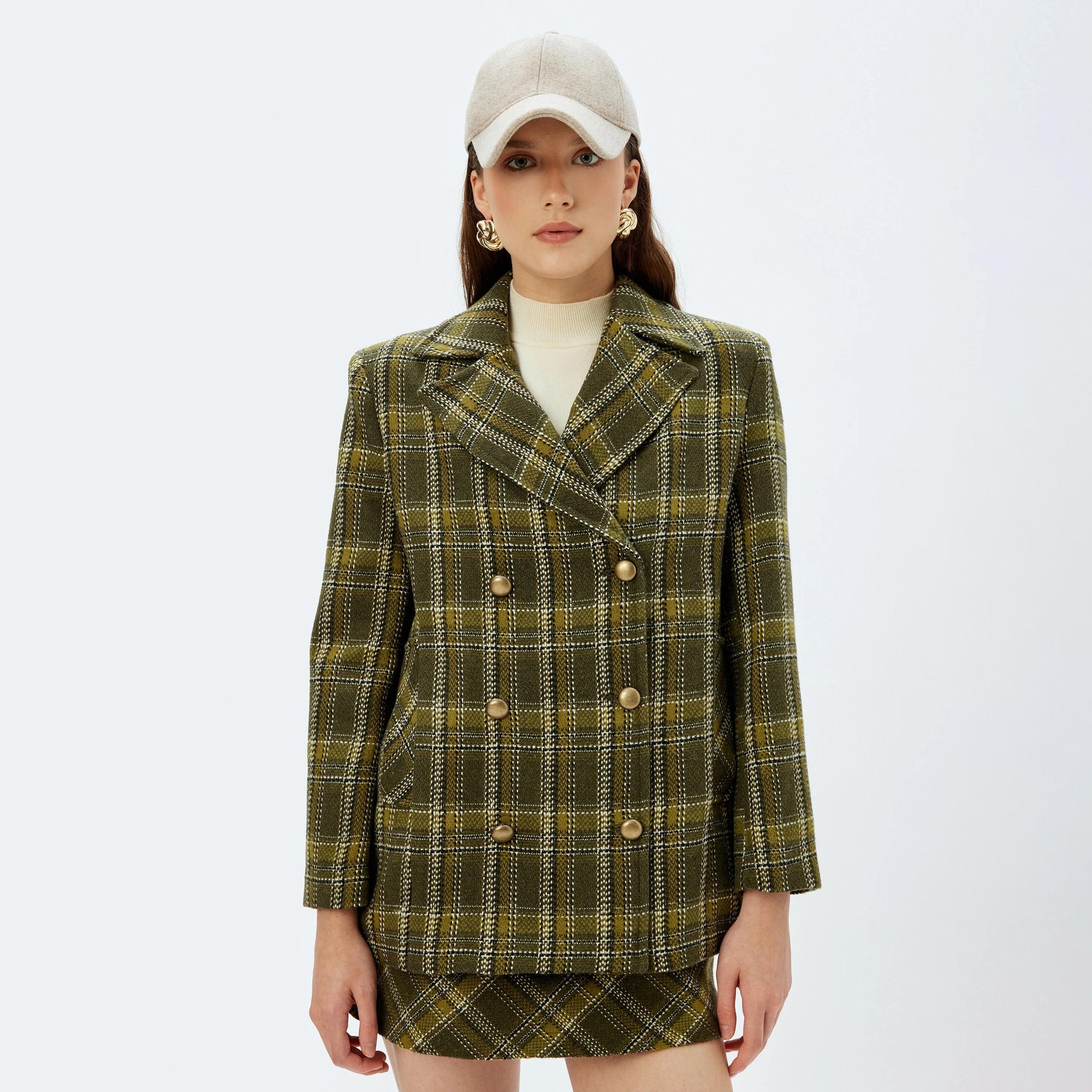 KOTON Green Tweed Lapel collar Women's Double Breasted Coat-women-clothing-coatsandjackets-coats-image-1