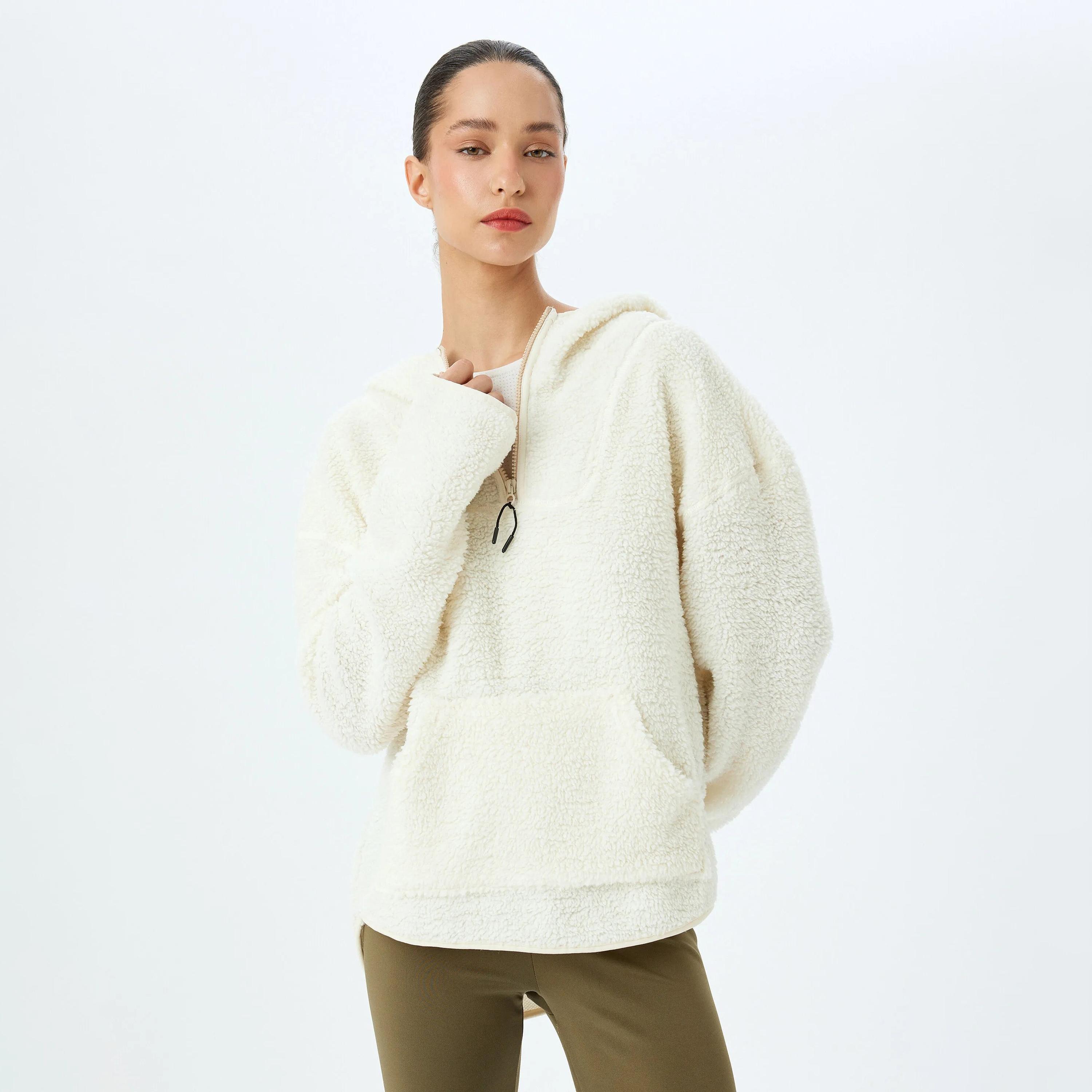 KOTON White Textured Hooded Neck Dropped Sleeves Women's Sweatshirt-women-clothing-hoodiesandsweatshirts-sweatshirts-image-1