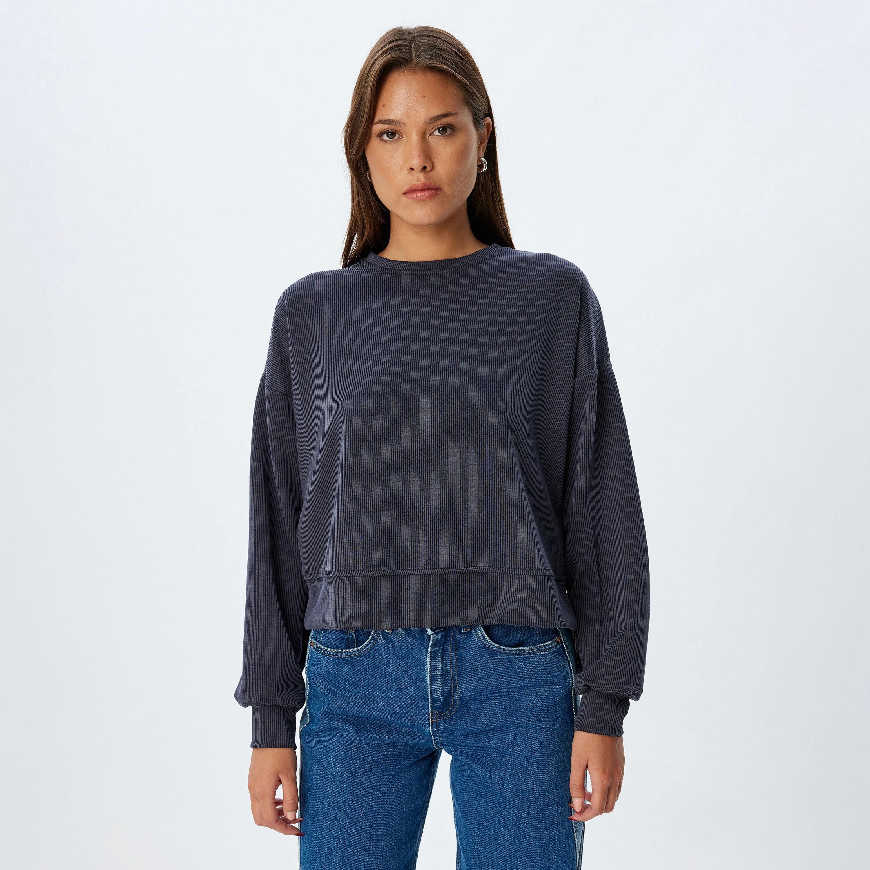 KOTON Blue Textured Dropped Sleeves Women's Sweatshirt-women-clothing-hoodiesandsweatshirts-sweatshirts-image-1