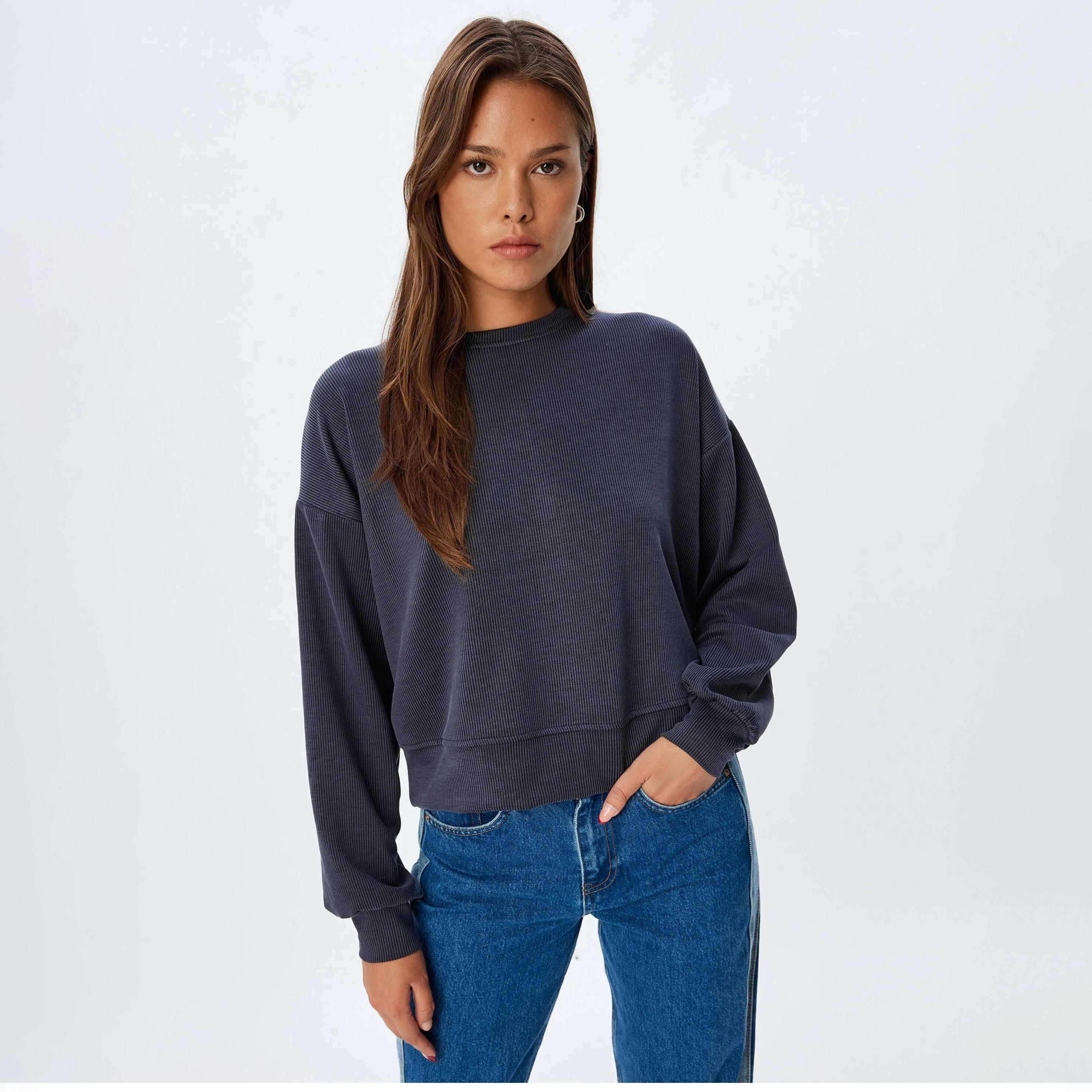 KOTON Blue Textured Dropped Sleeves Women's Sweatshirt-women-clothing-hoodiesandsweatshirts-sweatshirts-image-2