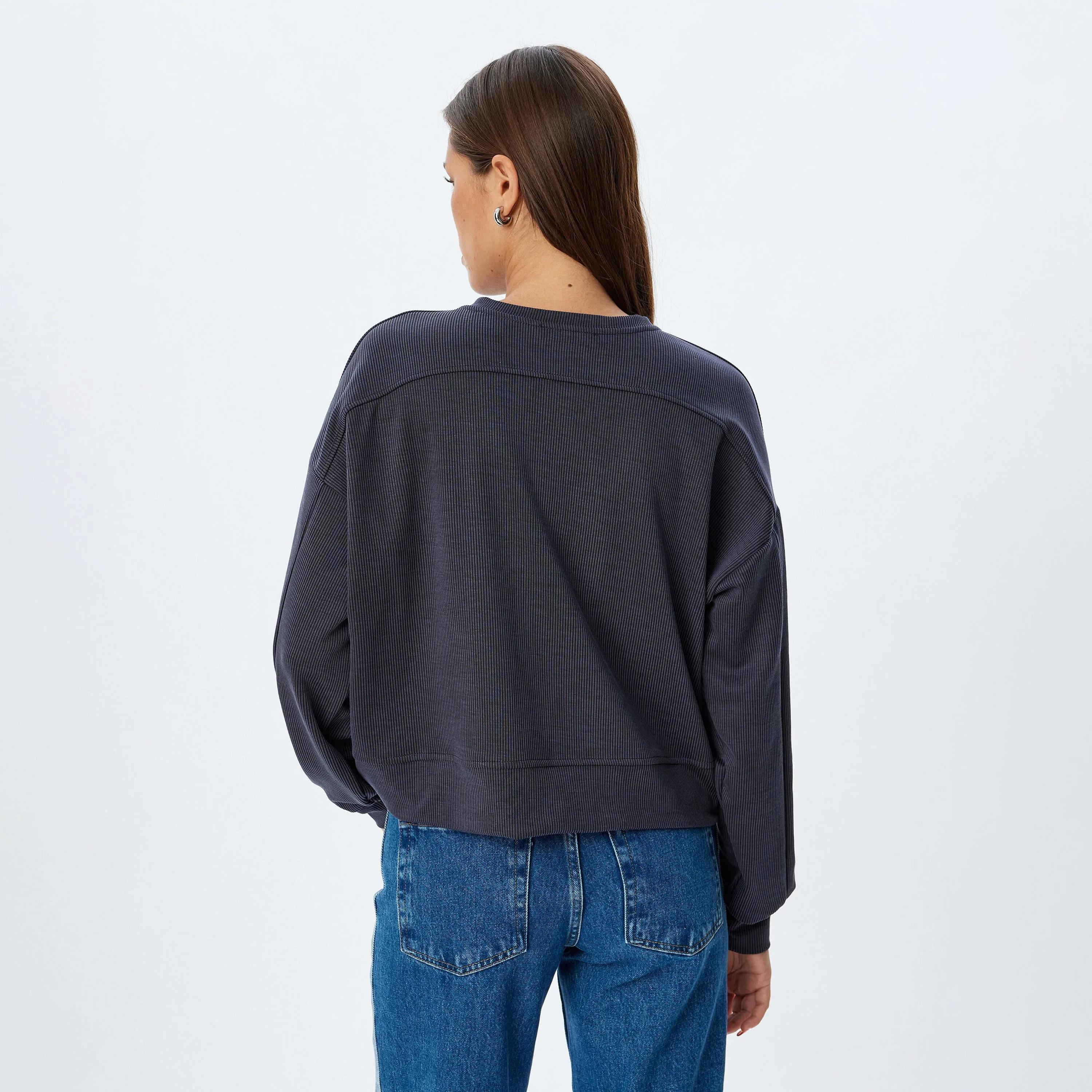 KOTON Blue Textured Dropped Sleeves Women's Sweatshirt-women-clothing-hoodiesandsweatshirts-sweatshirts-image-3