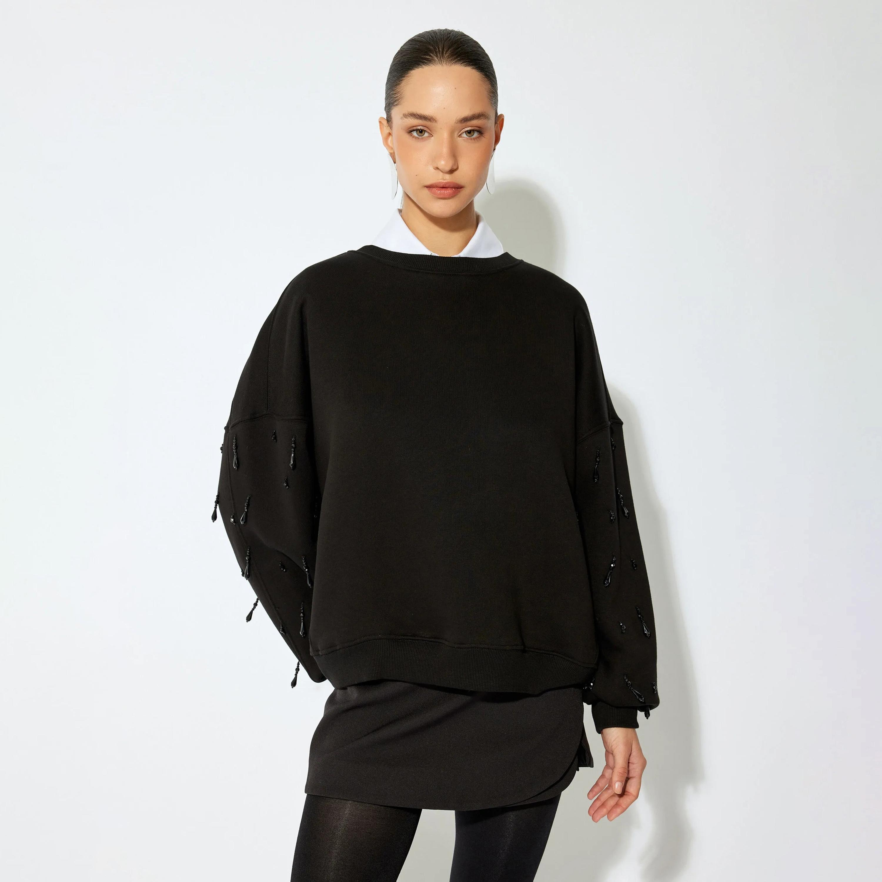 KOTON Black Crystal Detailed Dropped Sleeves Women's Sweatshirt-women-clothing-hoodiesandsweatshirts-sweatshirts-image-1