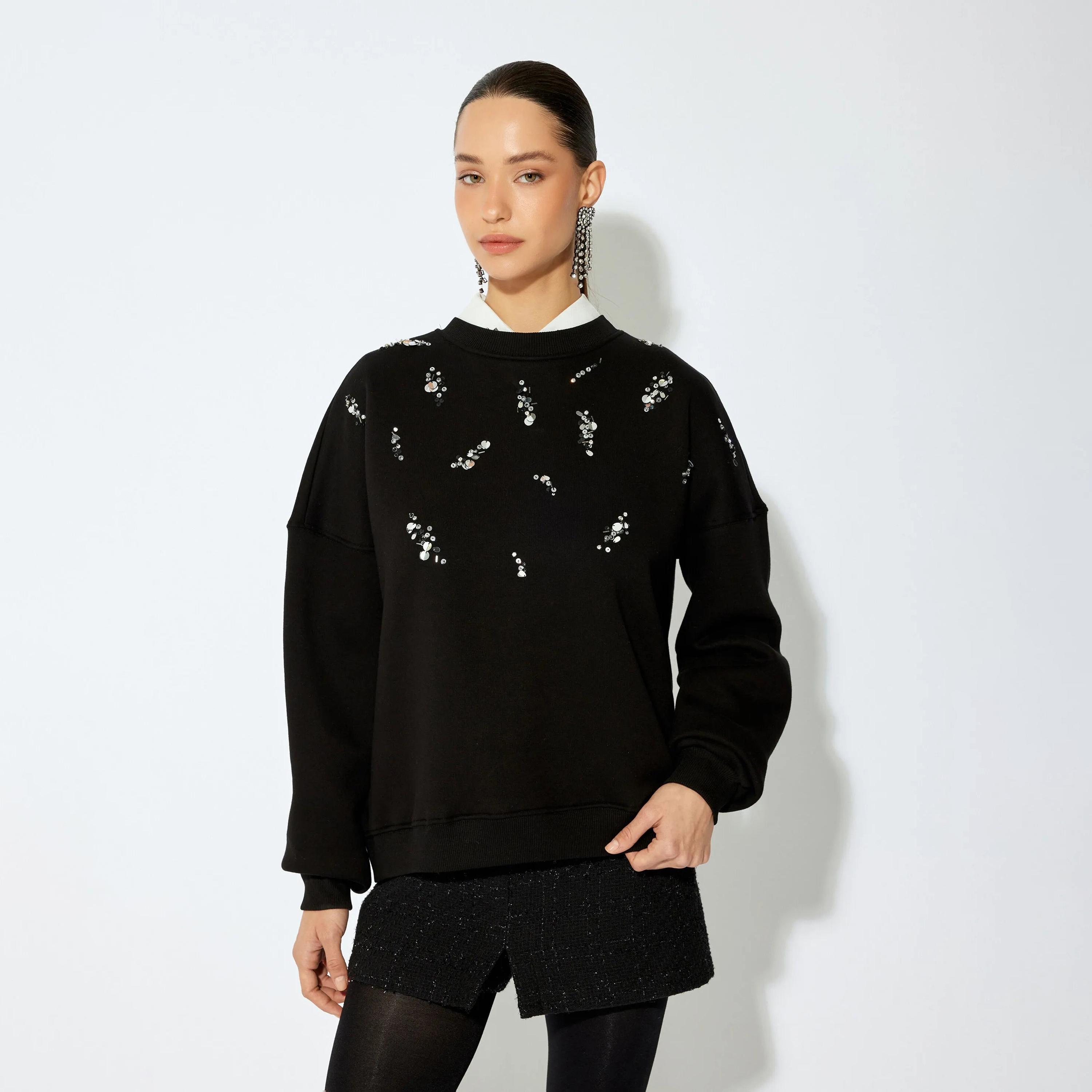 KOTON Black Sequined & Beaded Dropped Sleeves Women's Sweatshirt-women-clothing-hoodiesandsweatshirts-sweatshirts-image-1