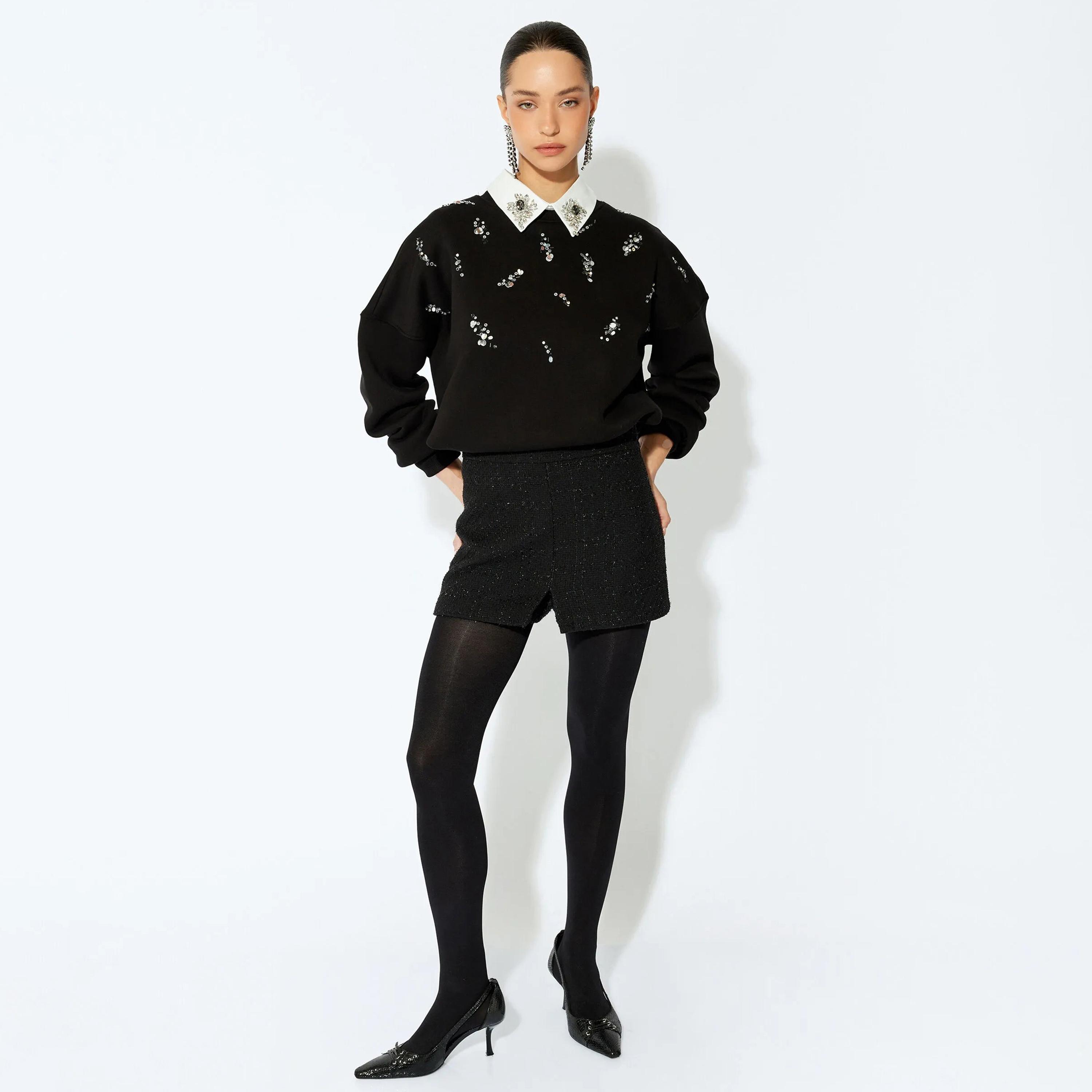 KOTON Black Sequined & Beaded Dropped Sleeves Women's Sweatshirt-women-clothing-hoodiesandsweatshirts-sweatshirts-image-2