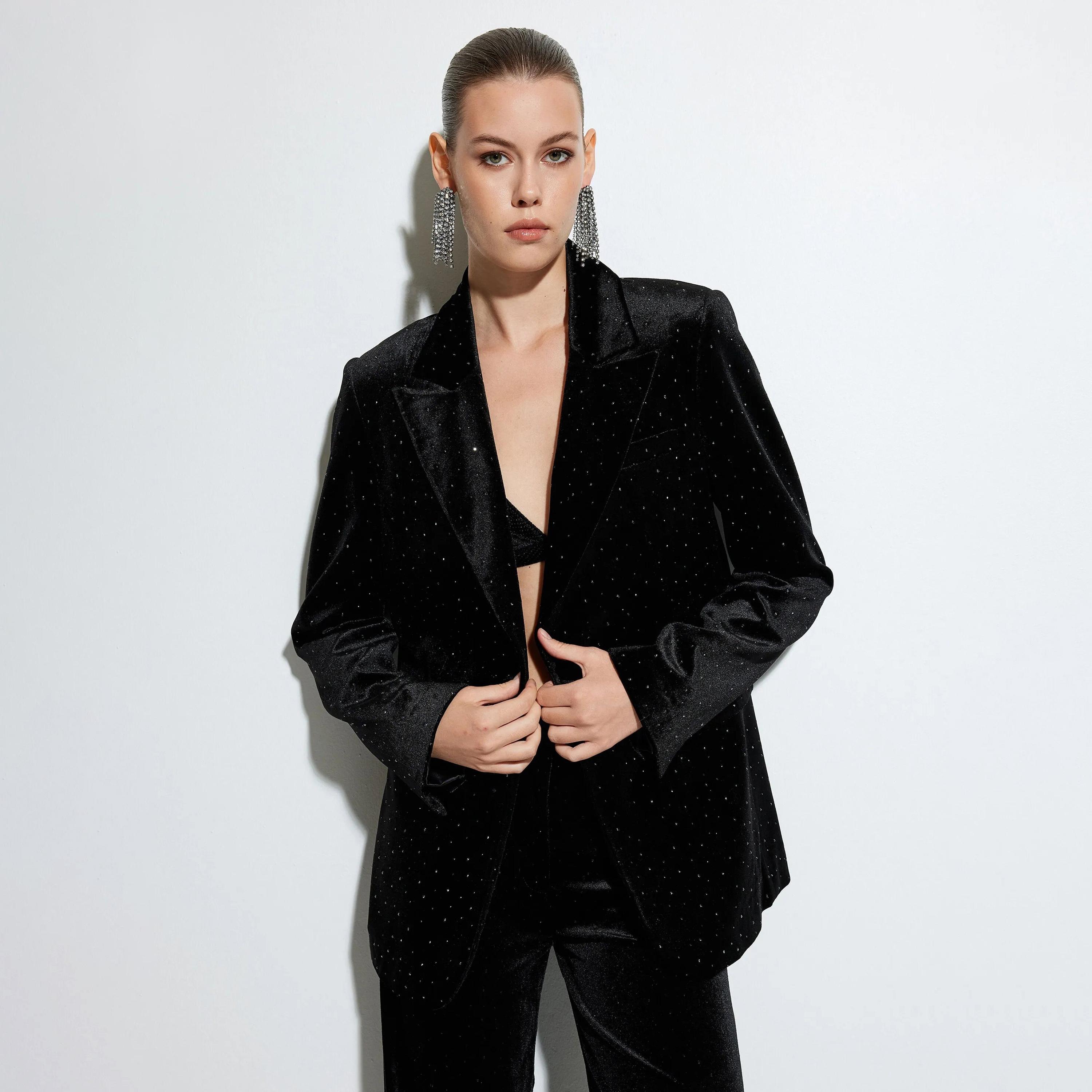 KOTON Black Embellished Lapel collar Women's Single Breasted Blazer-women-clothing-coatsandjackets-blazers-image-1