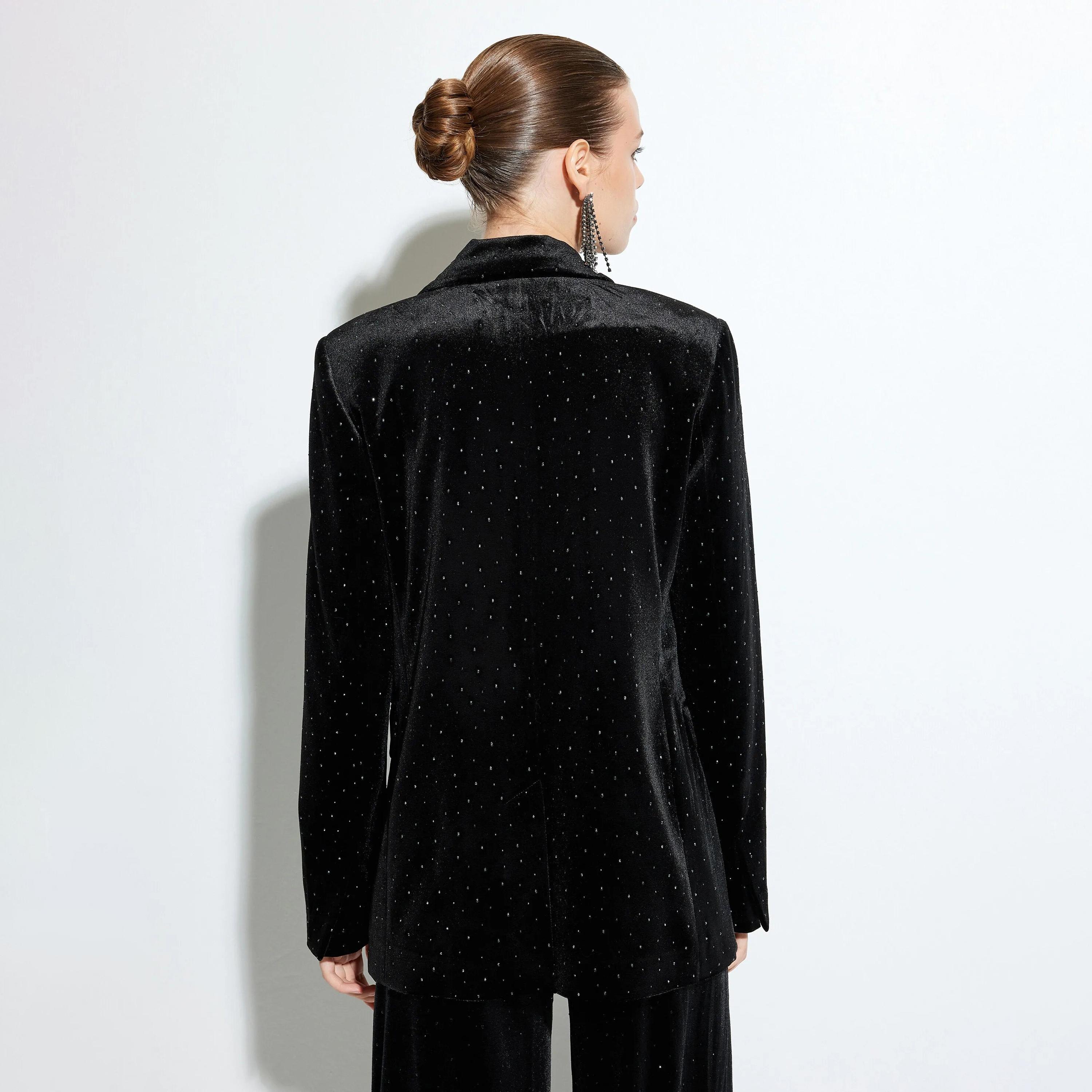 KOTON Black Embellished Lapel collar Women's Single Breasted Blazer-women-clothing-coatsandjackets-blazers-image-3