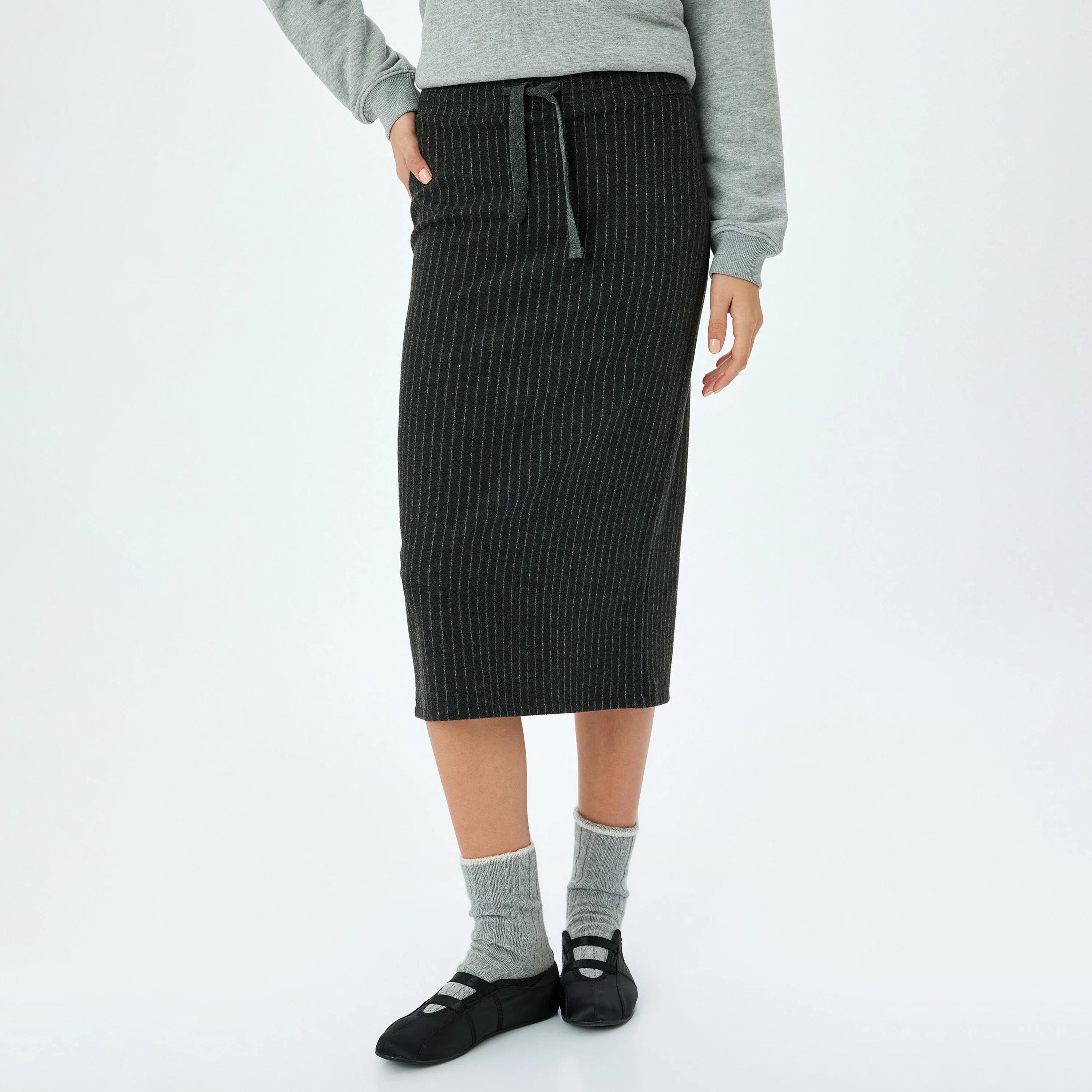 KOTON Grey Striped Drawstring Waist Women's Skirt-women-clothing-bottoms-skirts-image-1