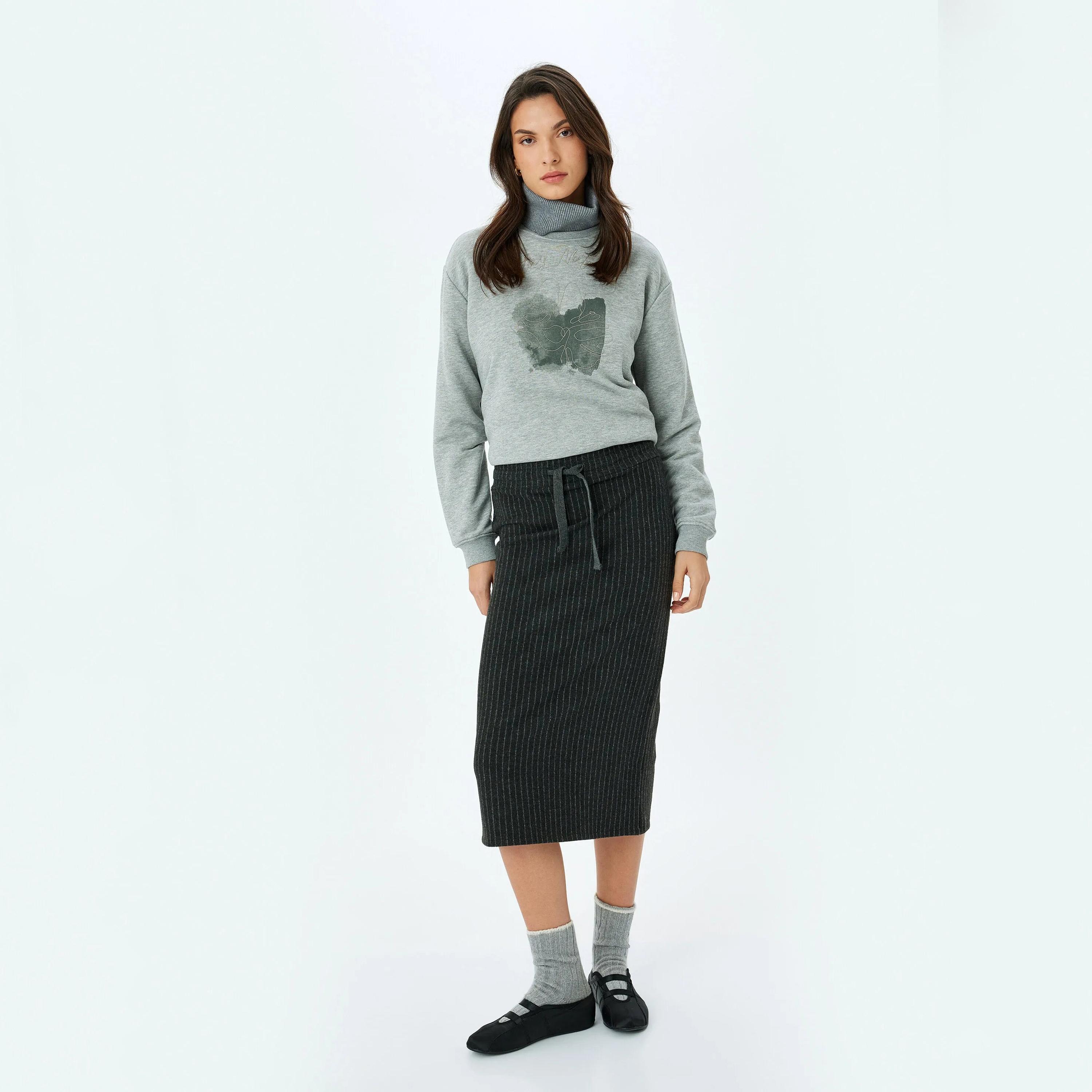 KOTON Grey Striped Drawstring Waist Women's Skirt-women-clothing-bottoms-skirts-image-2