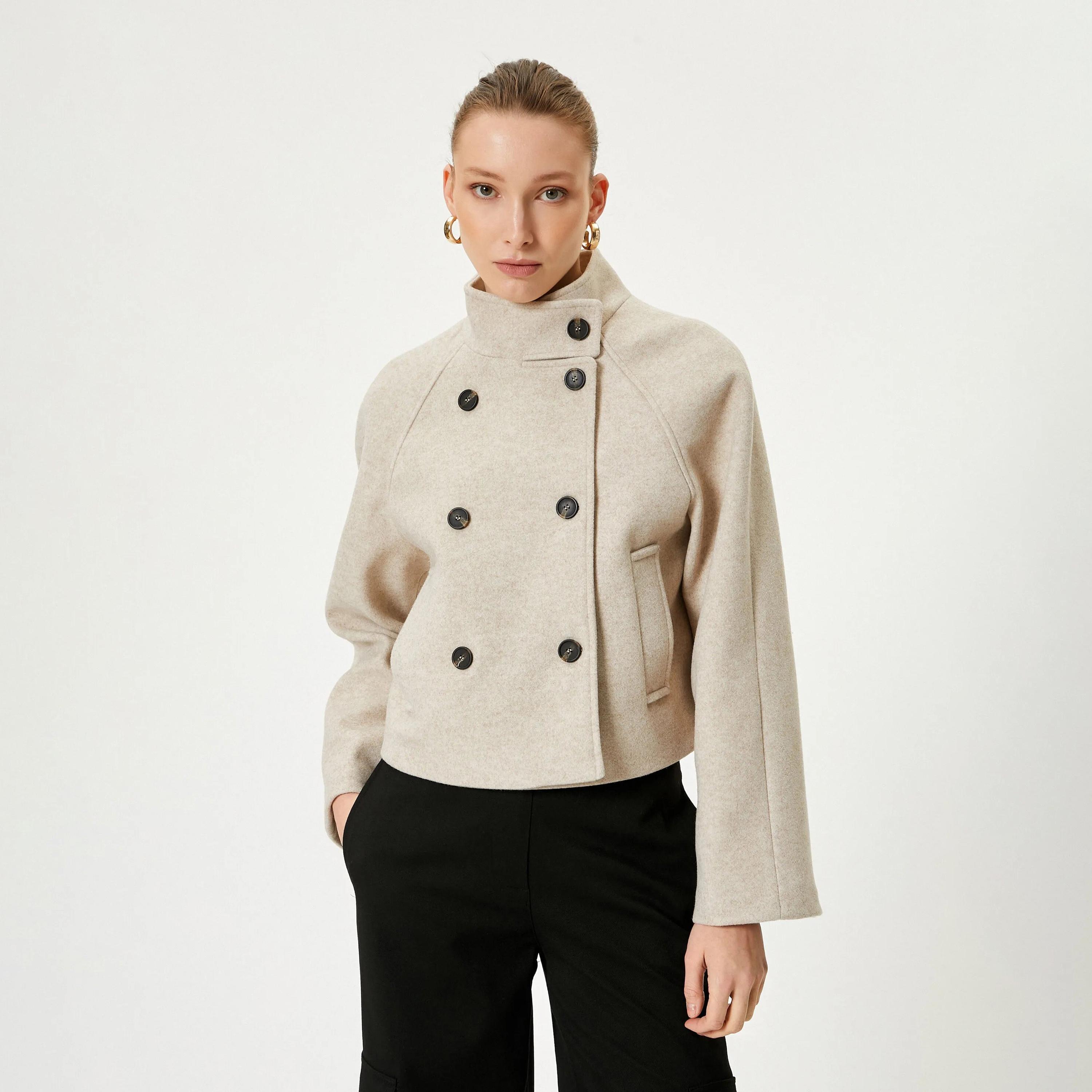 KOTON Beige High Neck Women's Double Breasted Coat-women-winterwear-coatsandjackets-coats-image-1