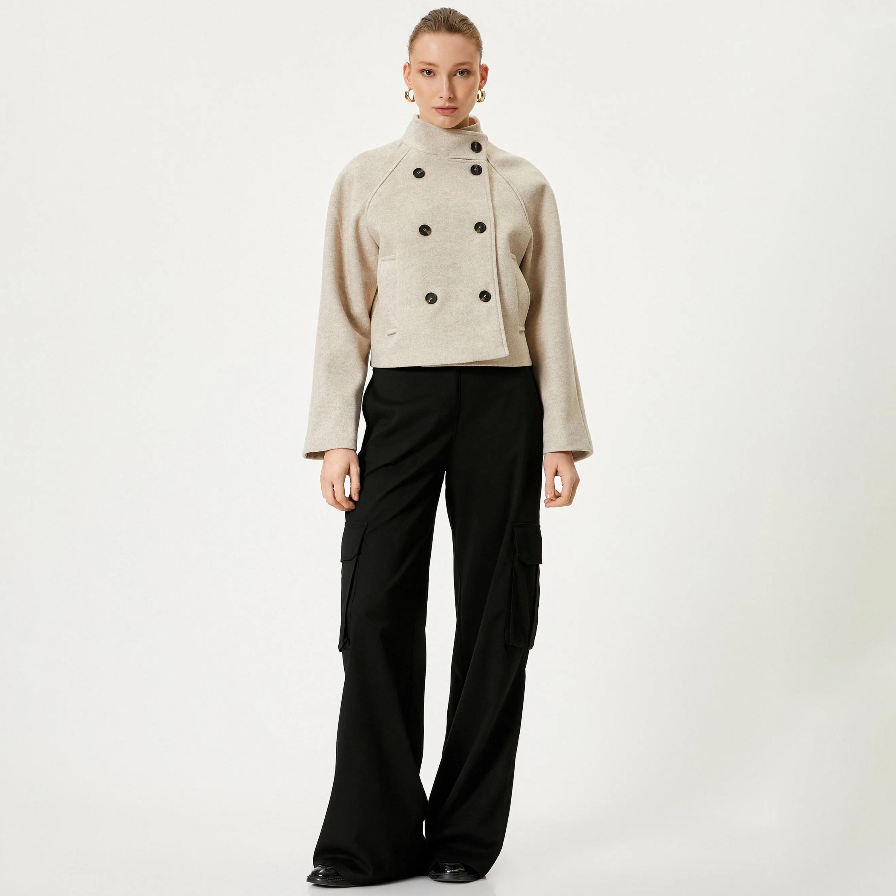 KOTON Beige High Neck Women's Double Breasted Coat-women-winterwear-coatsandjackets-coats-image-2