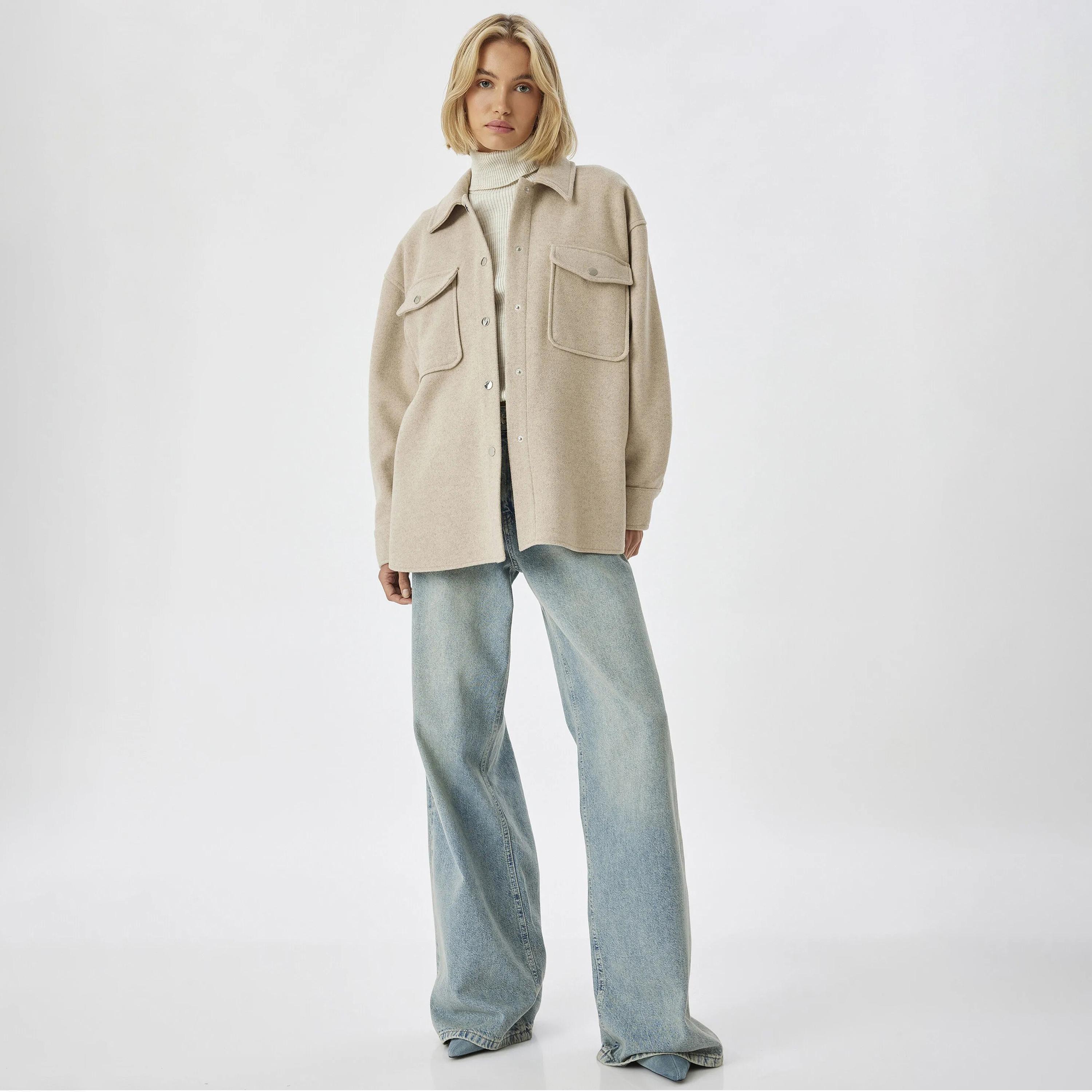 KOTON Beige Collared Women's Shacket-women-winterwear-coatsandjackets-jackets-image-2