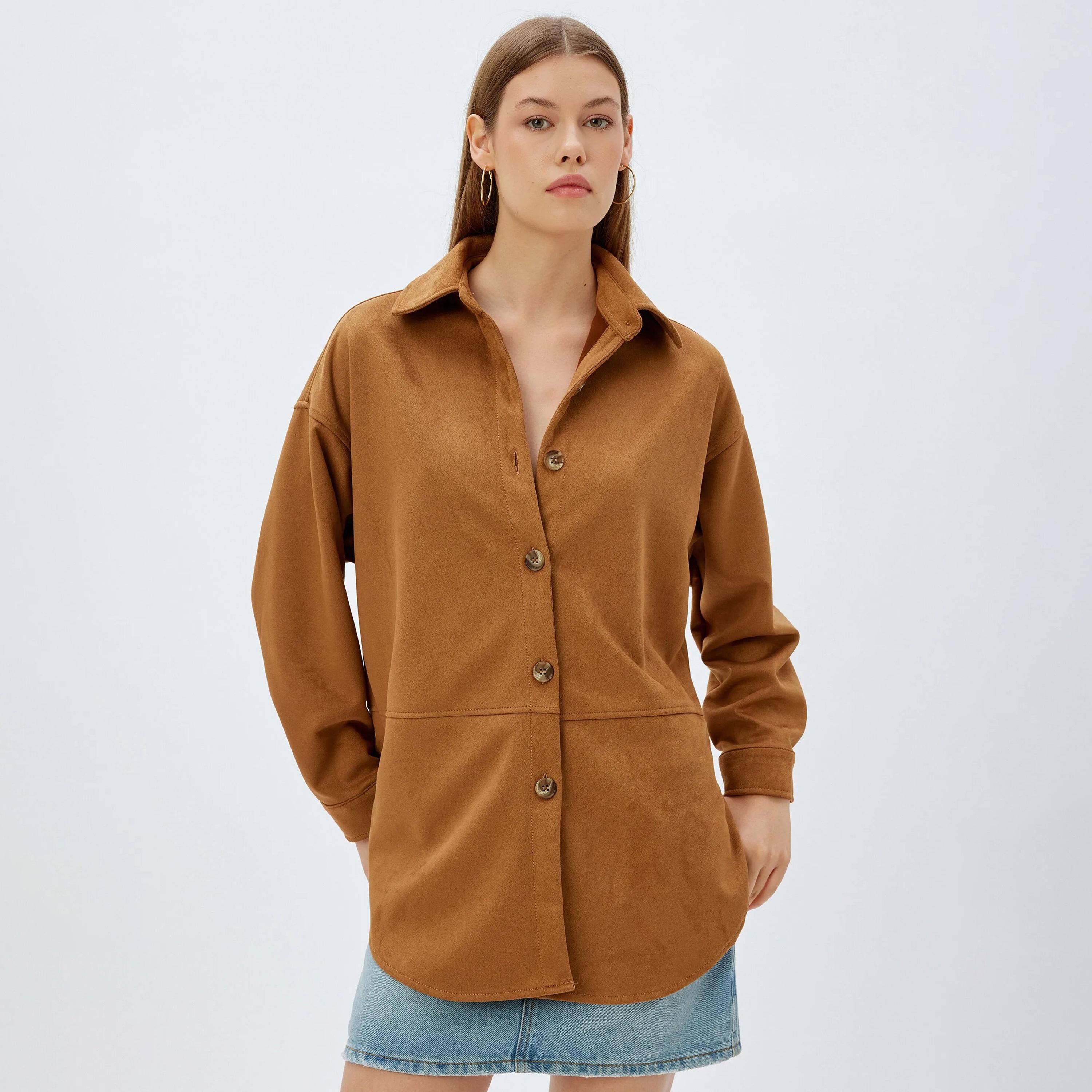 KOTON Brown Collared Women's Suede Shacket-women-winterwear-coatsandjackets-jackets-image-1