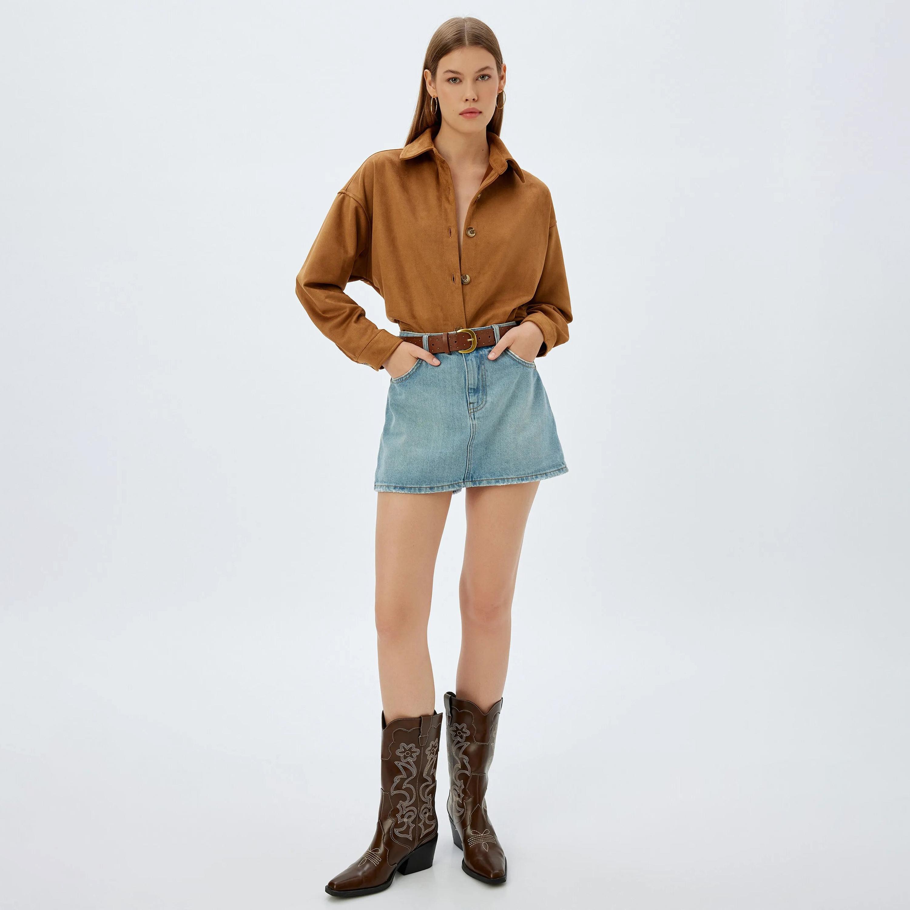 KOTON Brown Collared Women's Suede Shacket-women-winterwear-coatsandjackets-jackets-image-2
