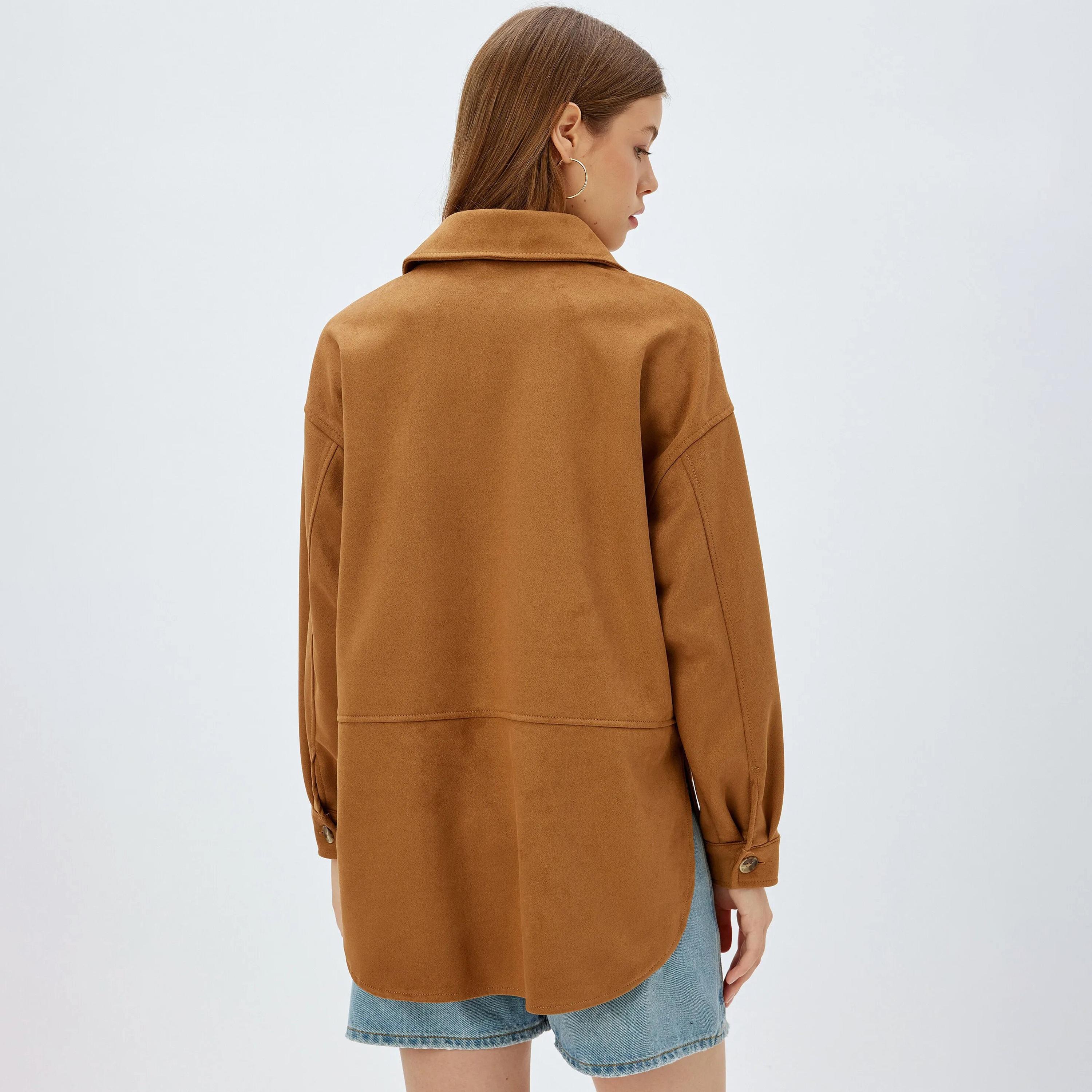 KOTON Brown Collared Women's Suede Shacket-women-winterwear-coatsandjackets-jackets-image-3
