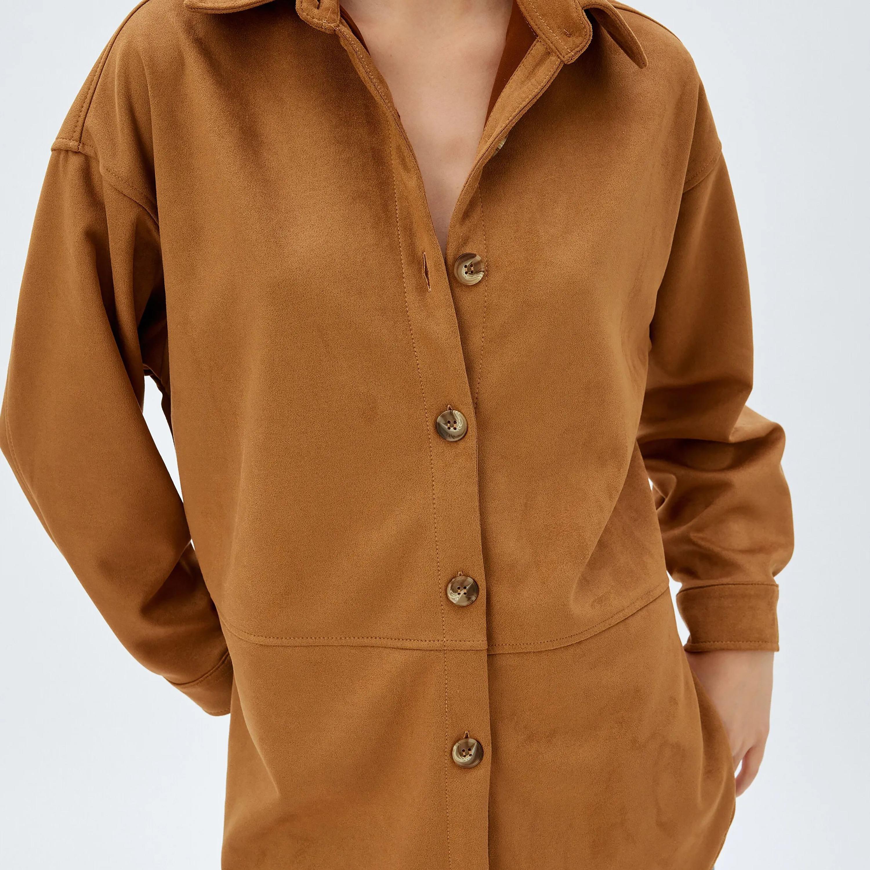 KOTON Brown Collared Women's Suede Shacket-women-winterwear-coatsandjackets-jackets-image-4