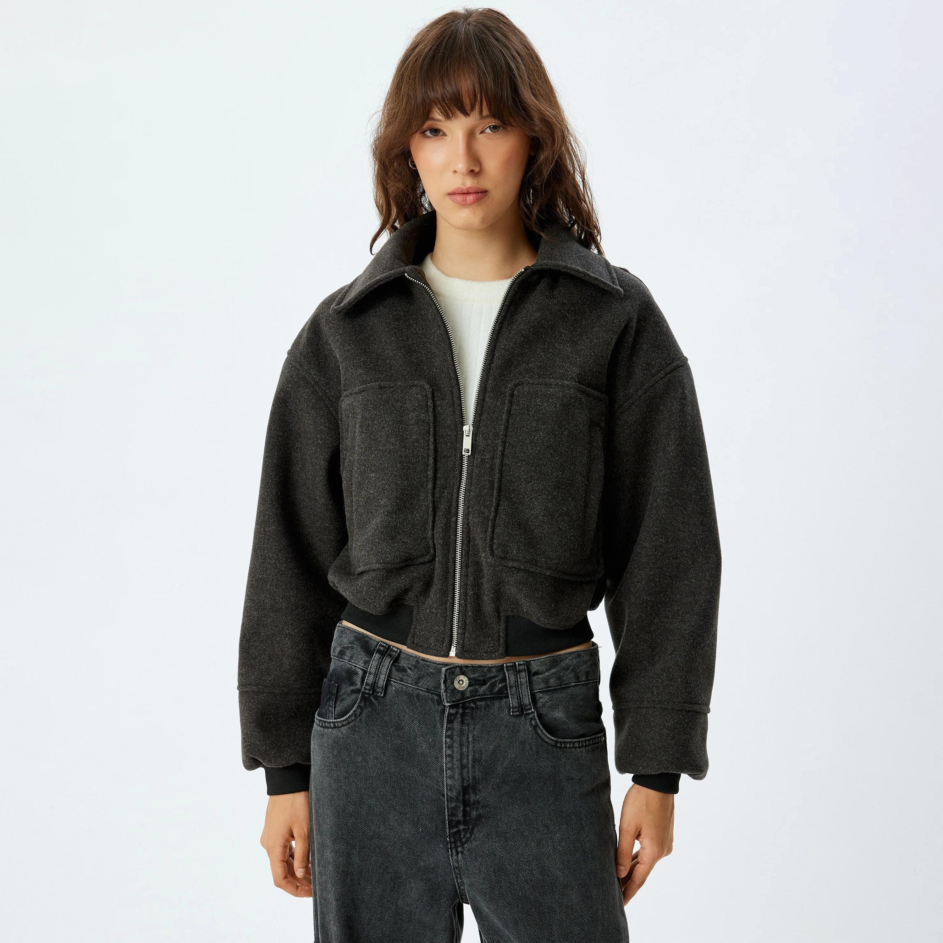 KOTON Grey Collared Women's Jacket-women-winterwear-coatsandjackets-jackets-image-1