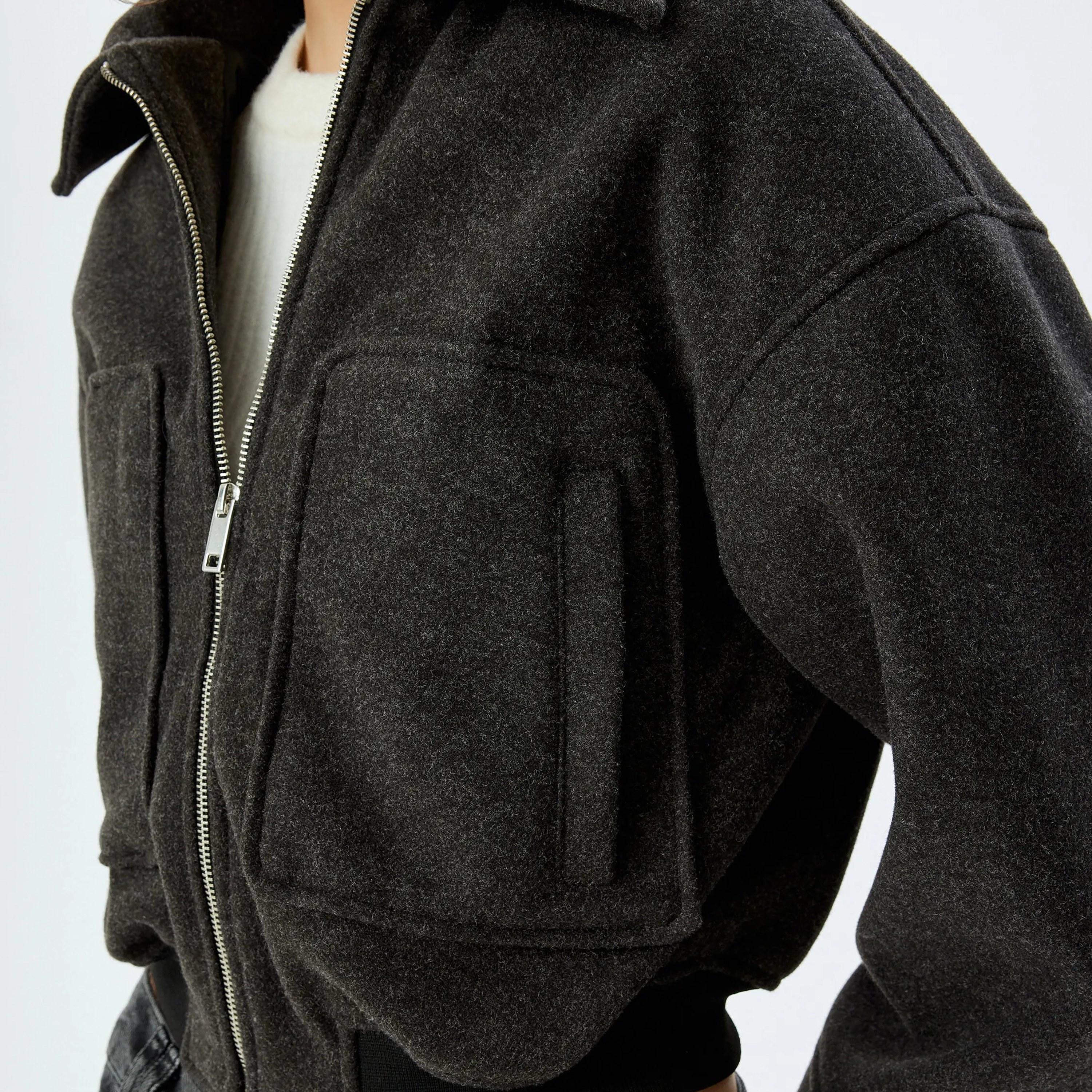 KOTON Grey Collared Women's Jacket-women-winterwear-coatsandjackets-jackets-image-4