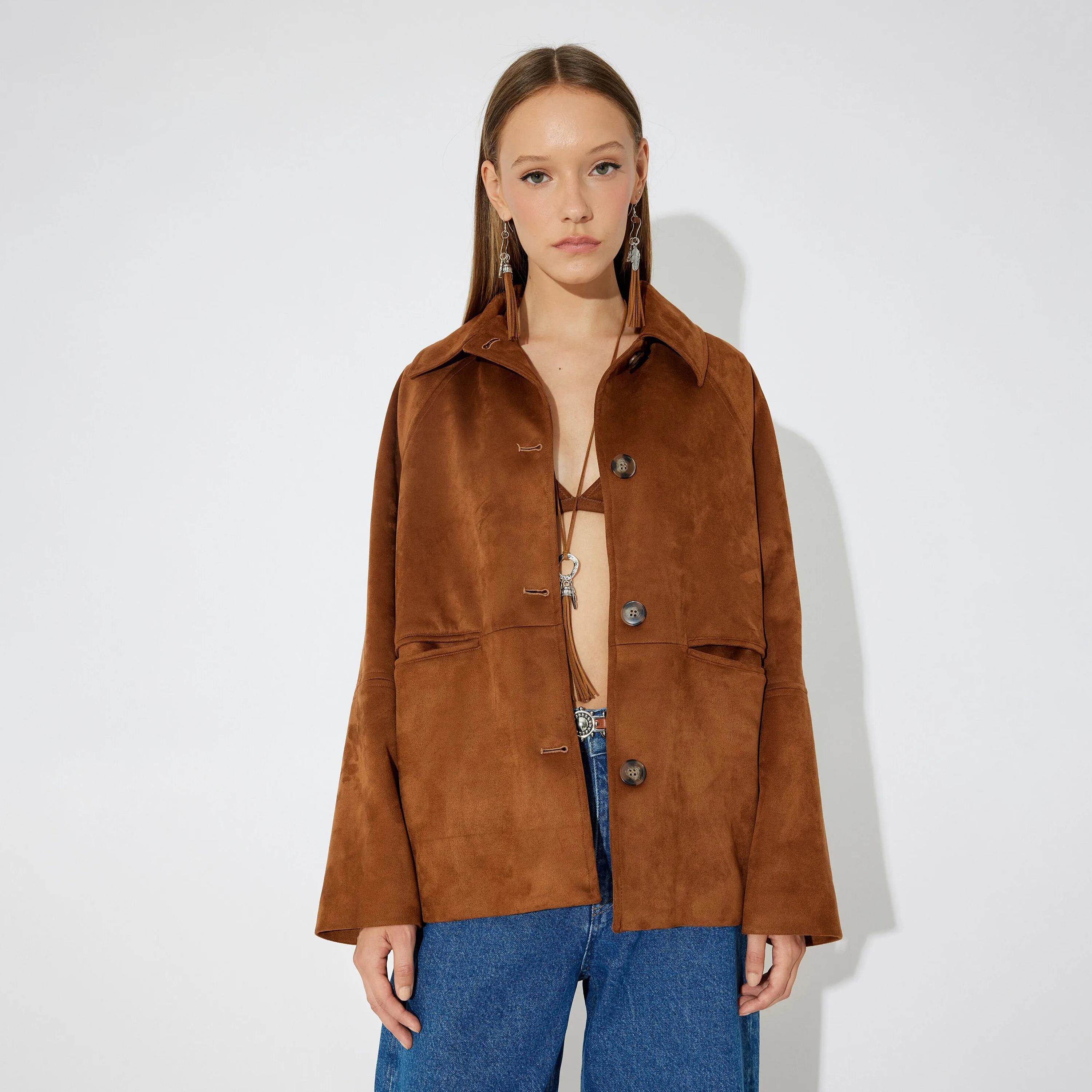 معطف نسائي ذو ياقة بنية اللون من كوتون-women-clothing-coatsandjackets-coats-image-1