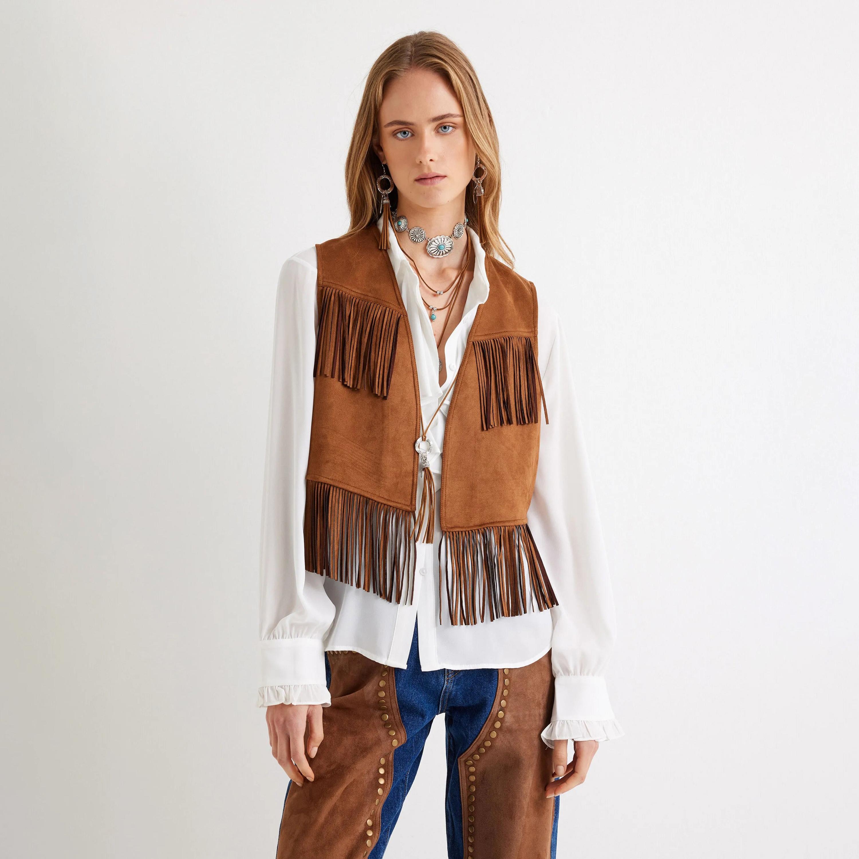 KOTON Brown Fringed Women's Vest-women-winterwear-coatsandjackets-waistcoats-image-1