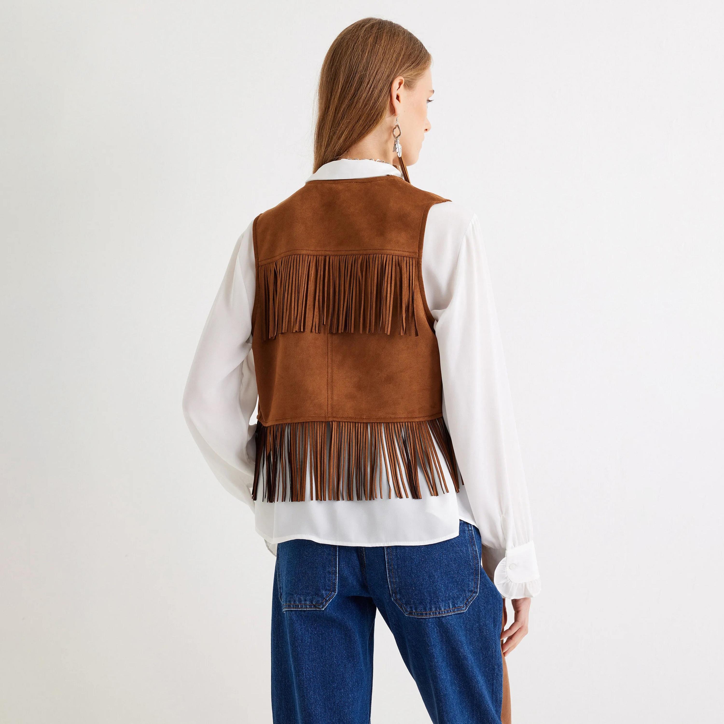 KOTON Brown Fringed Women's Vest-women-winterwear-coatsandjackets-waistcoats-image-3