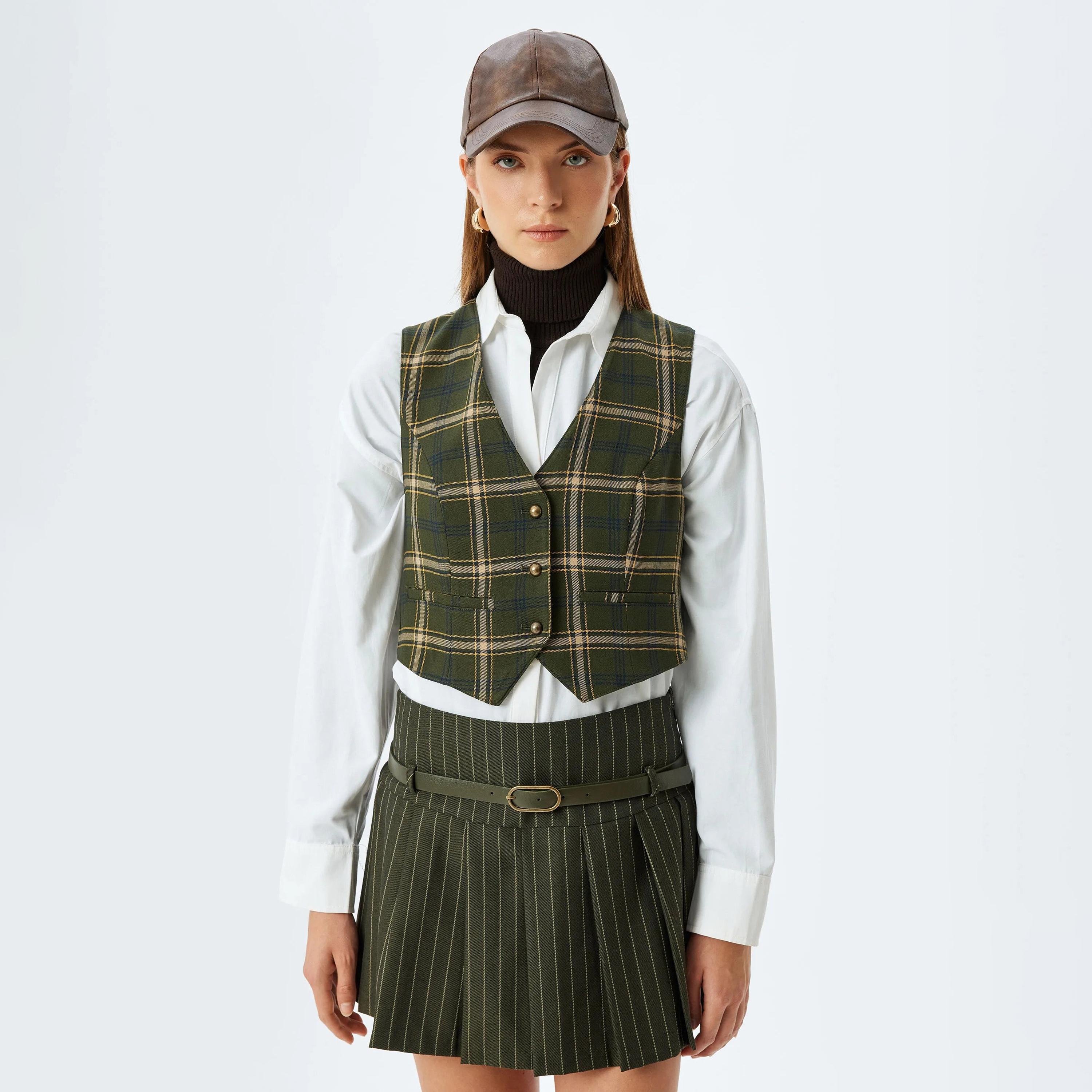 KOTON Green Checked Women's Waistcoat-women-winterwear-coatsandjackets-waistcoats-image-1