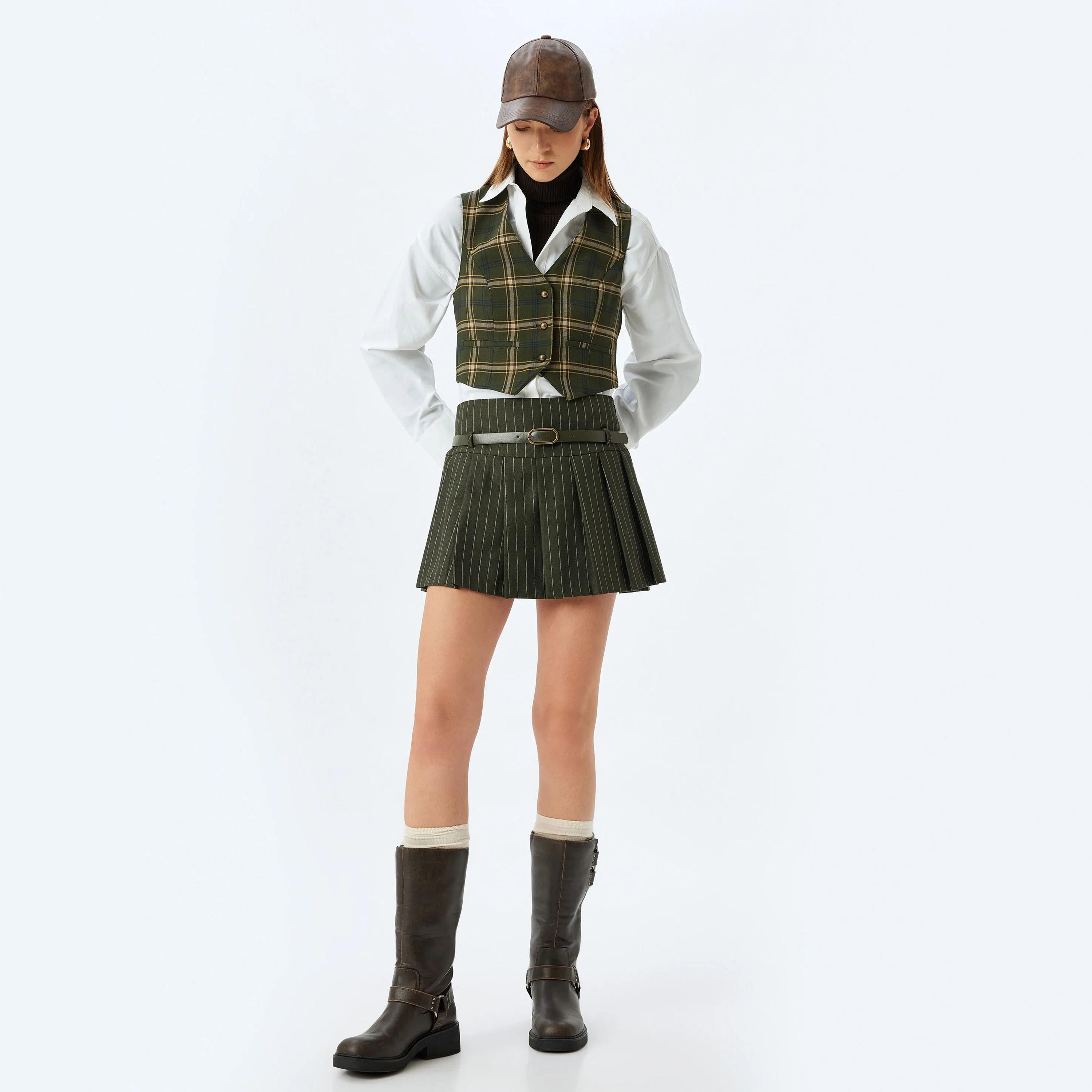 KOTON Green Checked Women's Waistcoat-women-winterwear-coatsandjackets-waistcoats-image-2