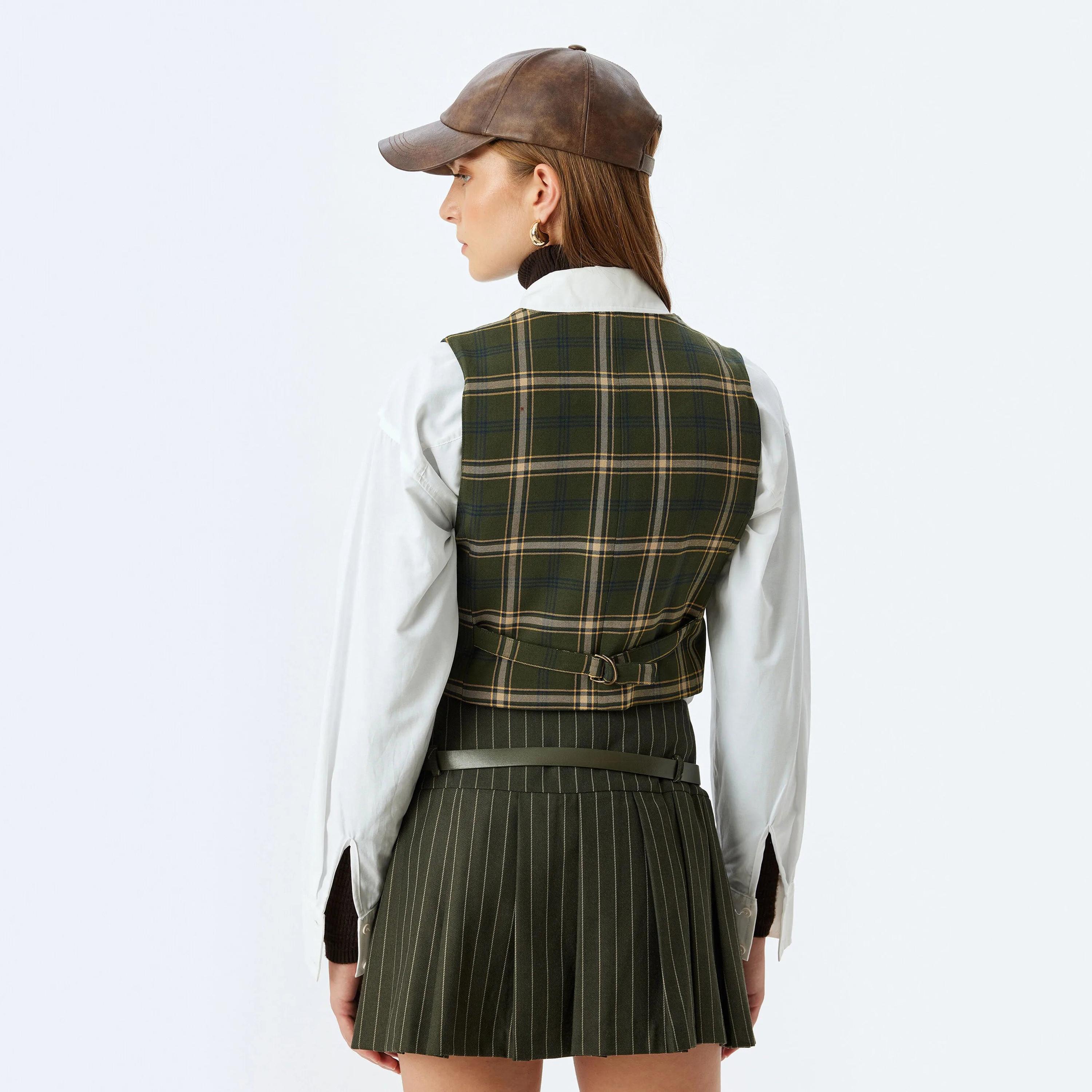 KOTON Green Checked Women's Waistcoat-women-winterwear-coatsandjackets-waistcoats-image-3