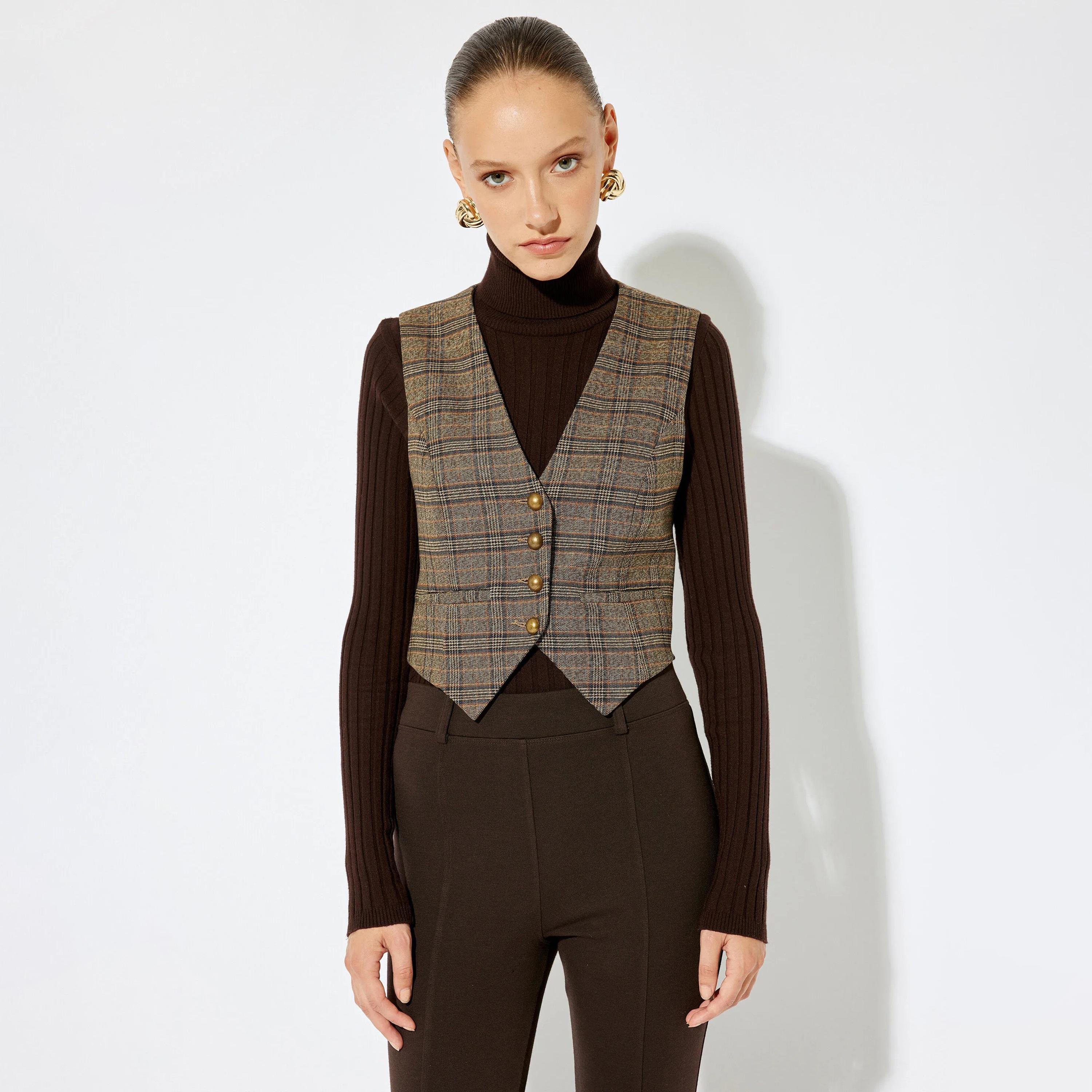 KOTON Brown Checked Women's Waistcoat-women-winterwear-coatsandjackets-waistcoats-image-1