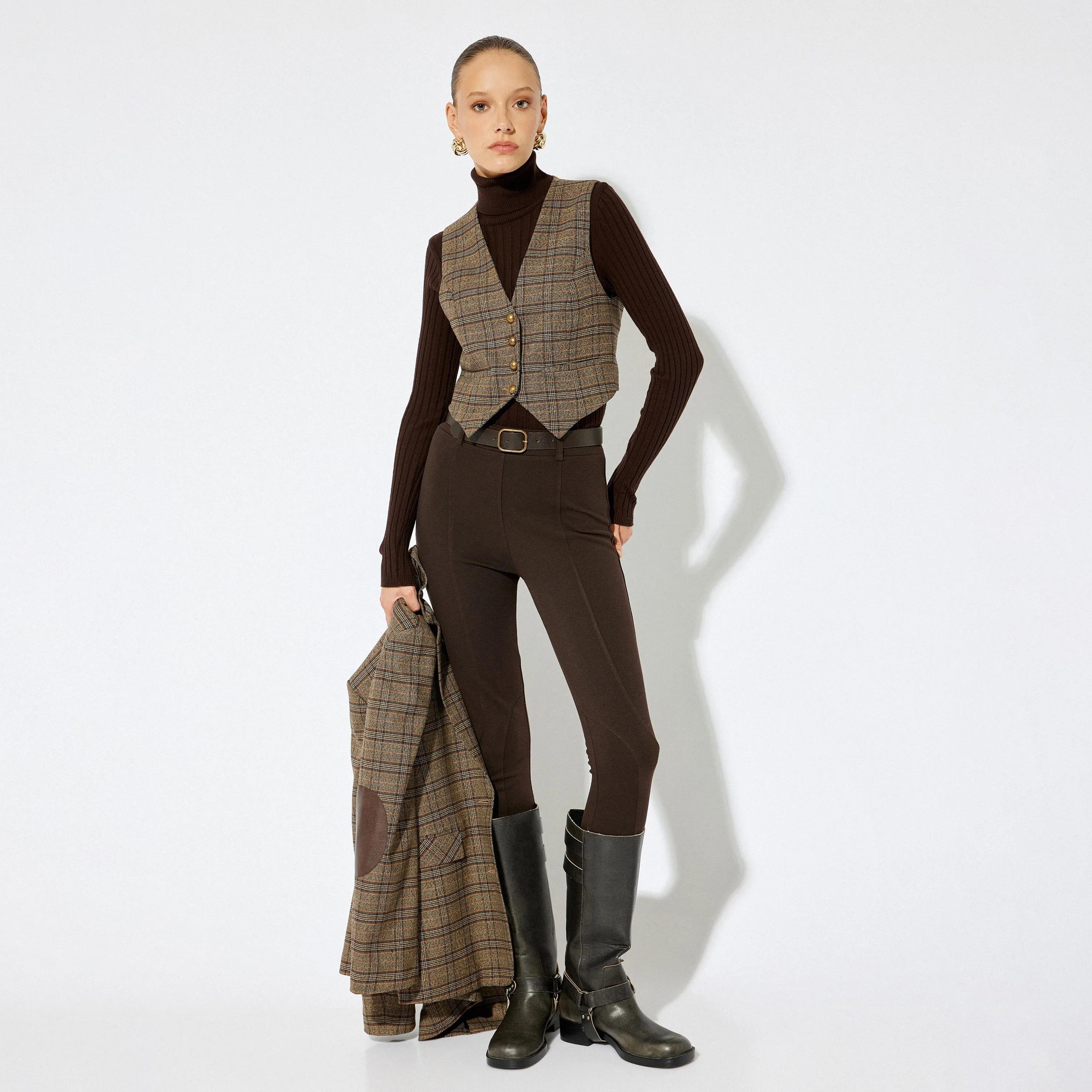 KOTON Brown Checked Women's Waistcoat-women-winterwear-coatsandjackets-waistcoats-image-2