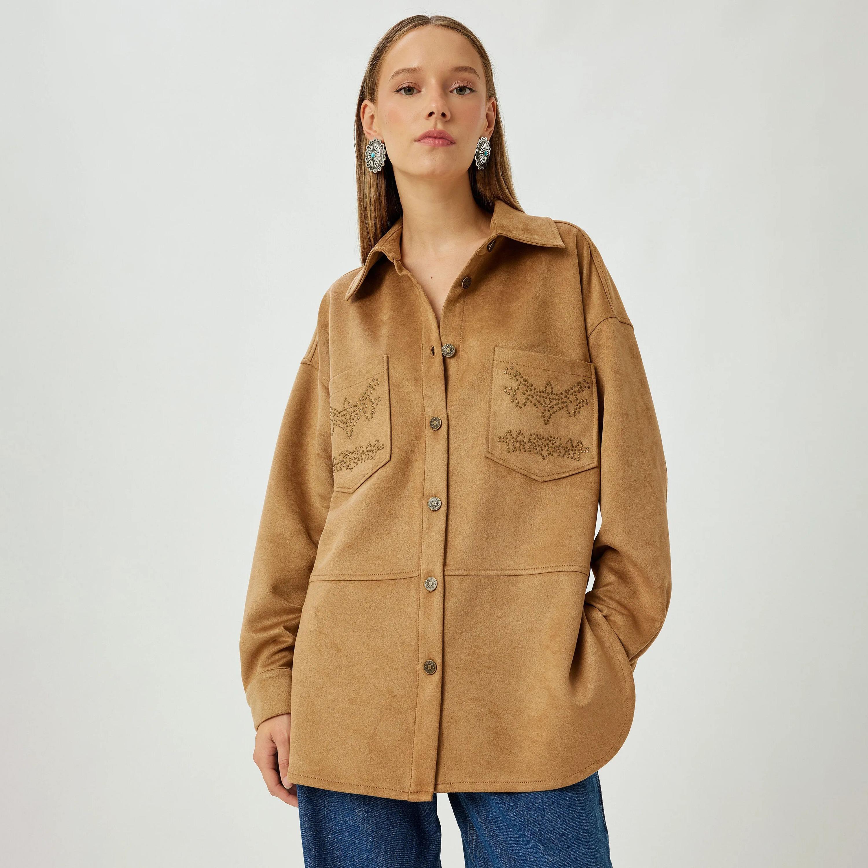 KOTON Brown Collared Women's Suede Shacket-women-winterwear-coatsandjackets-jackets-image-1