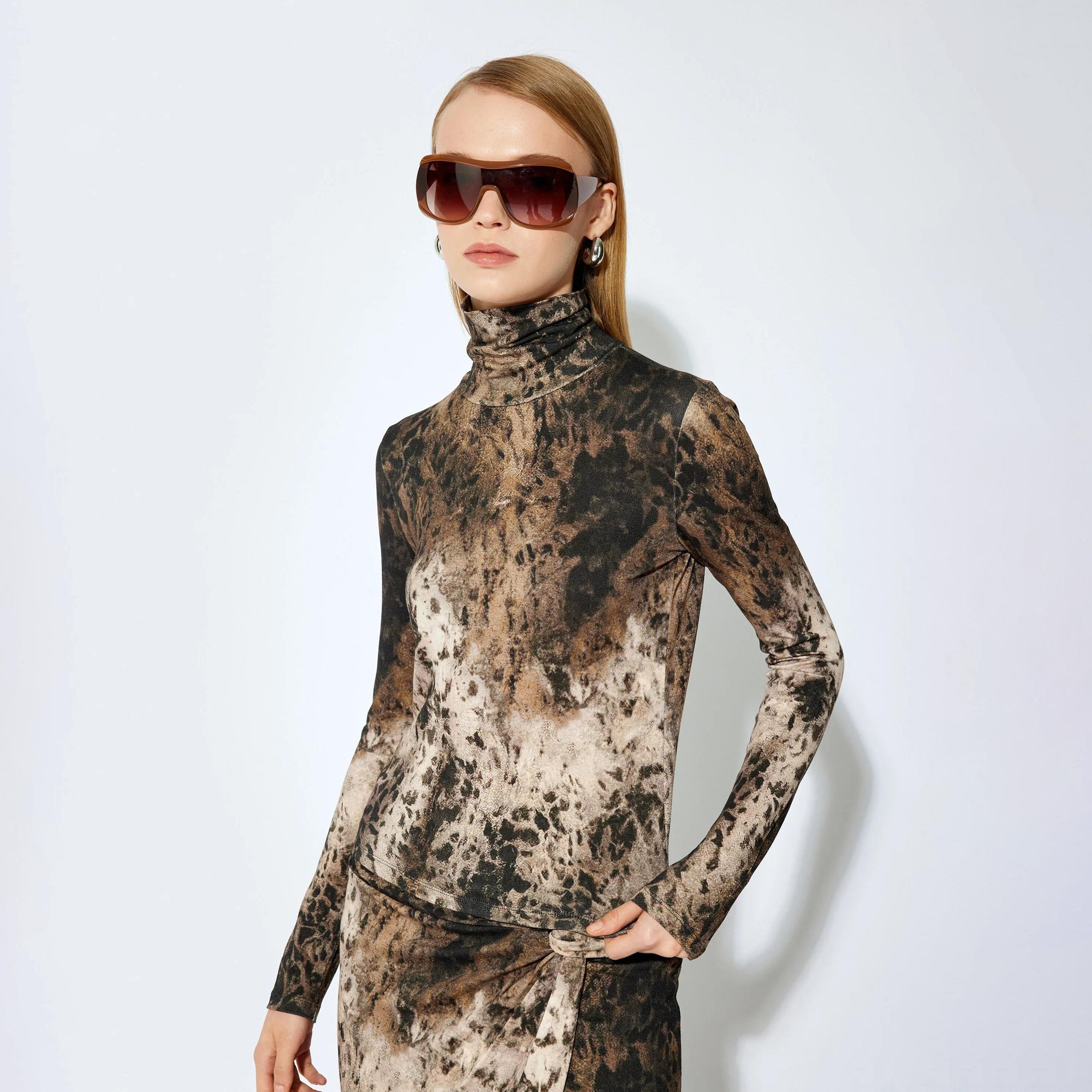 KOTON Brown All-Over Print Turtle Neck Women's Sweater-women-winterwear-cardigansandjumpers-jumpers-image-1