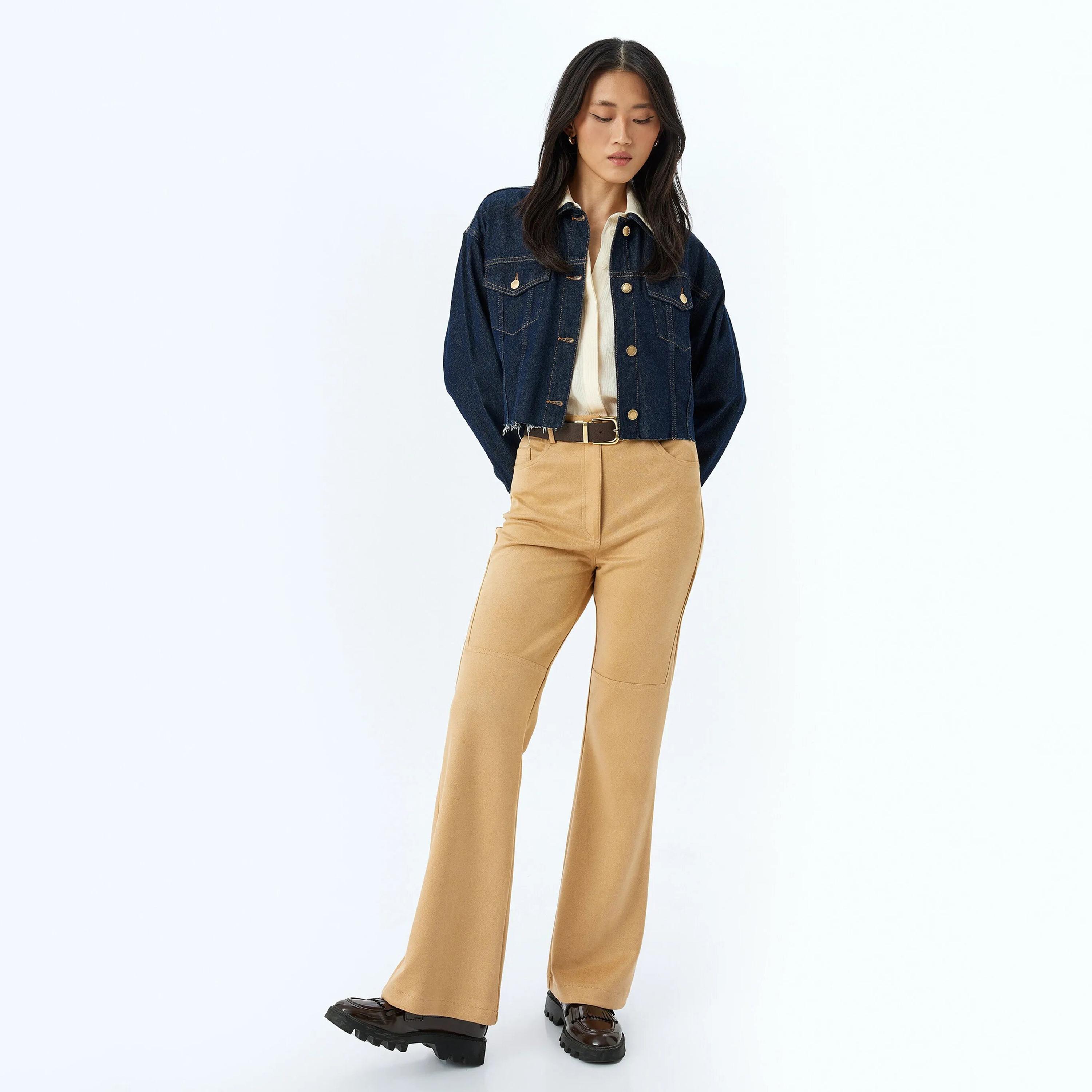 KOTON Beige Button Women's Trousers-women-clothing-bottoms-trousers-image-2