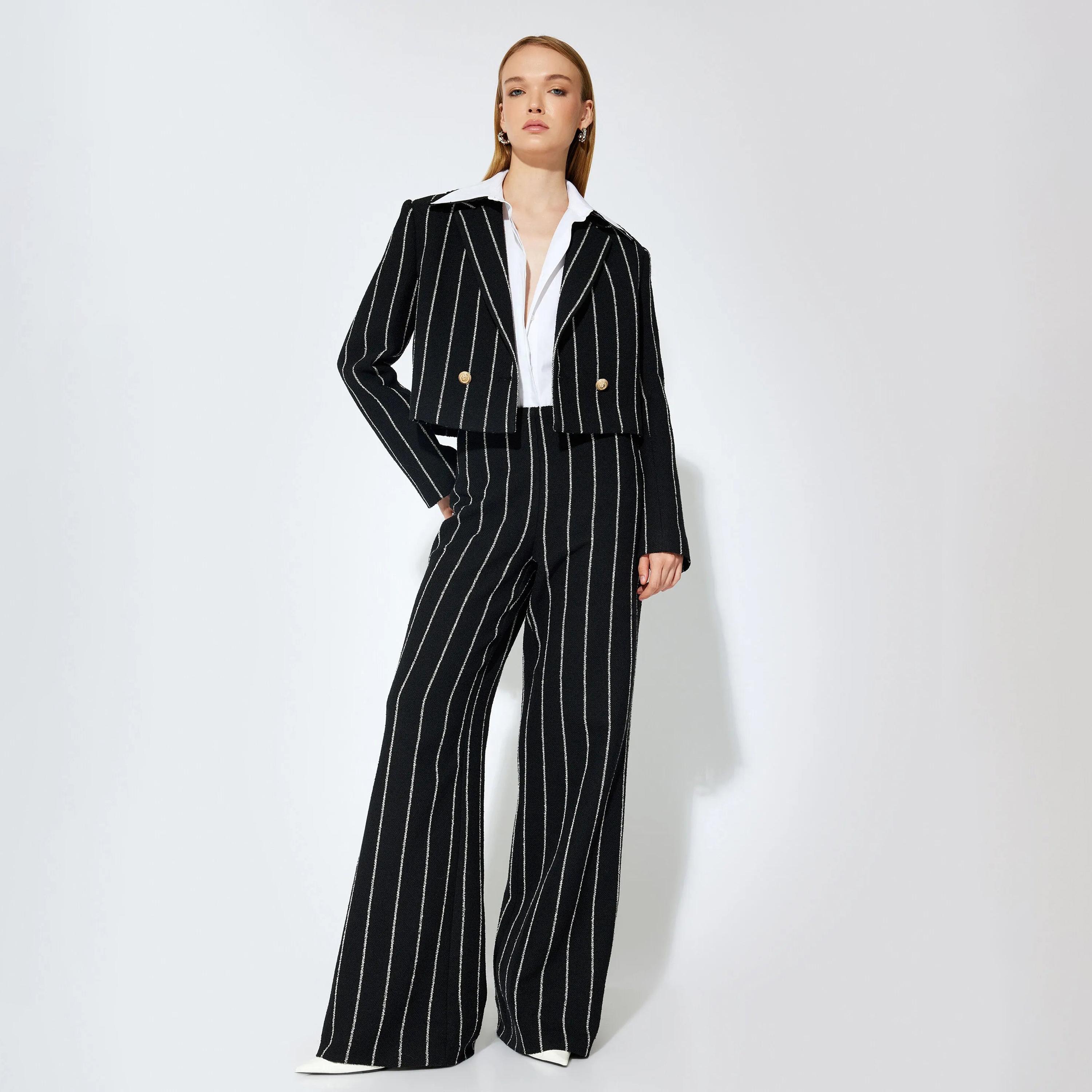 KOTON Black Striped Wide Leg Women's Trousers-women-clothing-bottoms-trousers-image-2