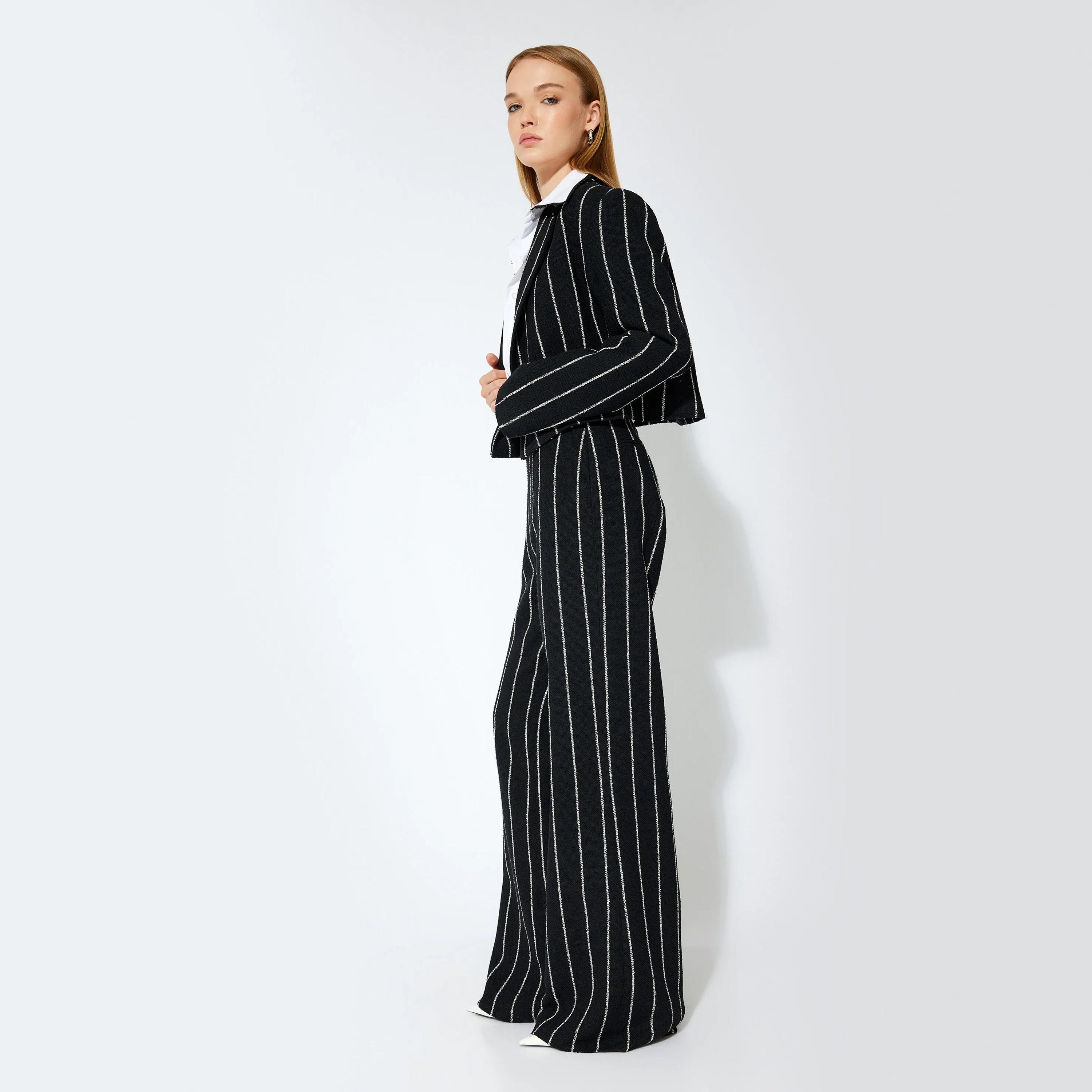 KOTON Black Striped Wide Leg Women's Trousers-women-clothing-bottoms-trousers-image-4