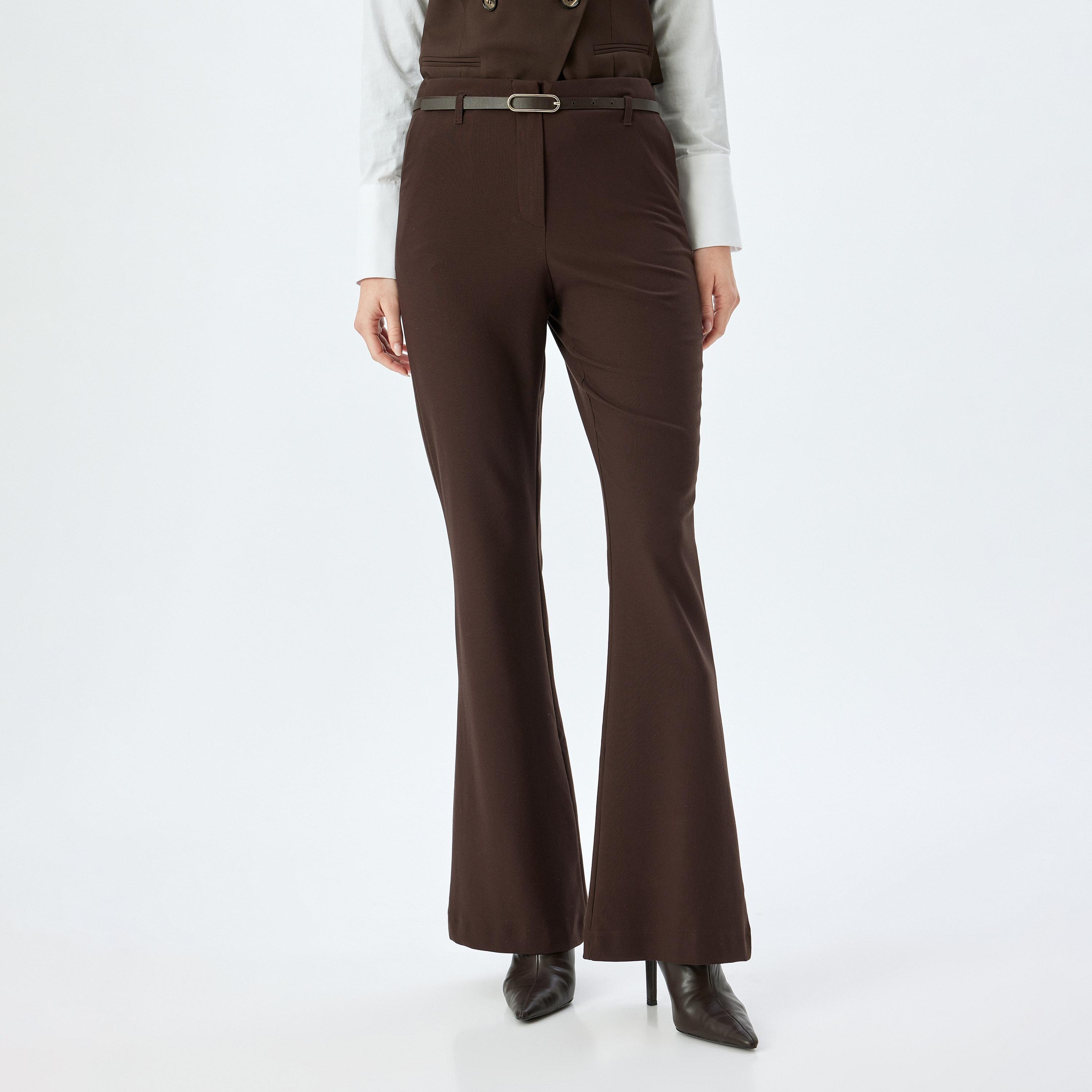 بنطال نسائي بقصة ضيقة تتسع أسفل الركبة (بوتكات) وسحاب بلون بني من كوتون-women-clothing-bottoms-trousers-image-1