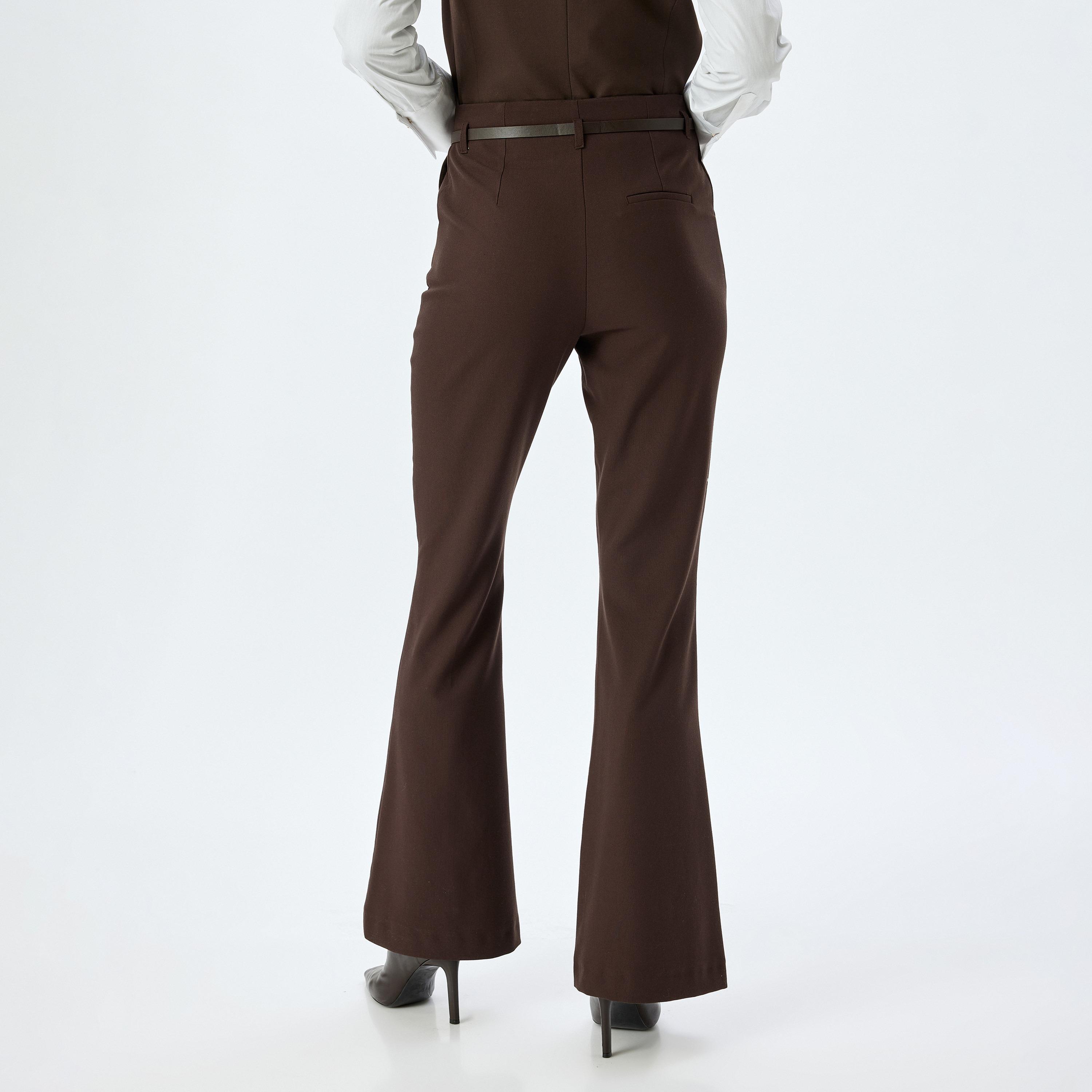 بنطال نسائي بقصة ضيقة تتسع أسفل الركبة (بوتكات) وسحاب بلون بني من كوتون-women-clothing-bottoms-trousers-image-4